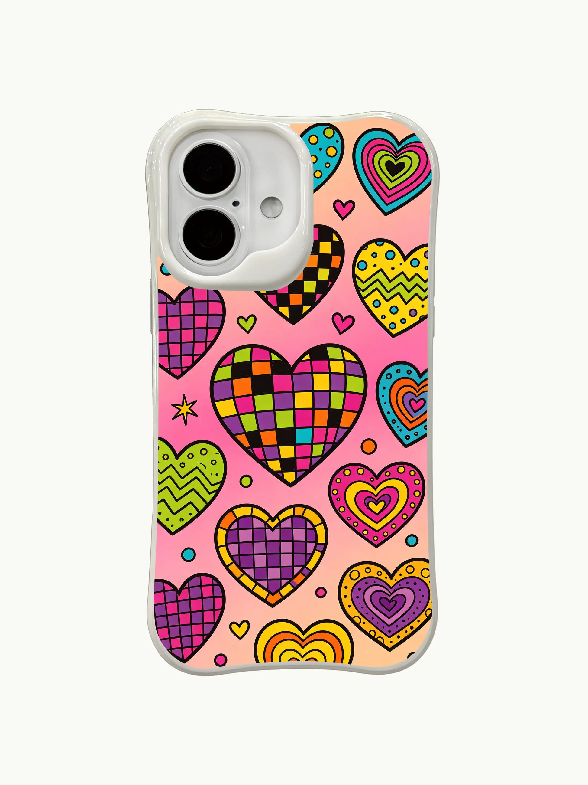 PhoneCasing Gradient Heart Mosaic Case for iPhone 16 Plus, a bold iPhone 16 plus casing with colorful checkered hearts and retro vibes.
