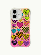 Gradient Neon Hearts artwork on an iPhone 16 Plus case
