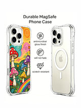 Orange sky with spiral cloud notes and colorful fungi artwork on an iPhone 16 Pro Max case