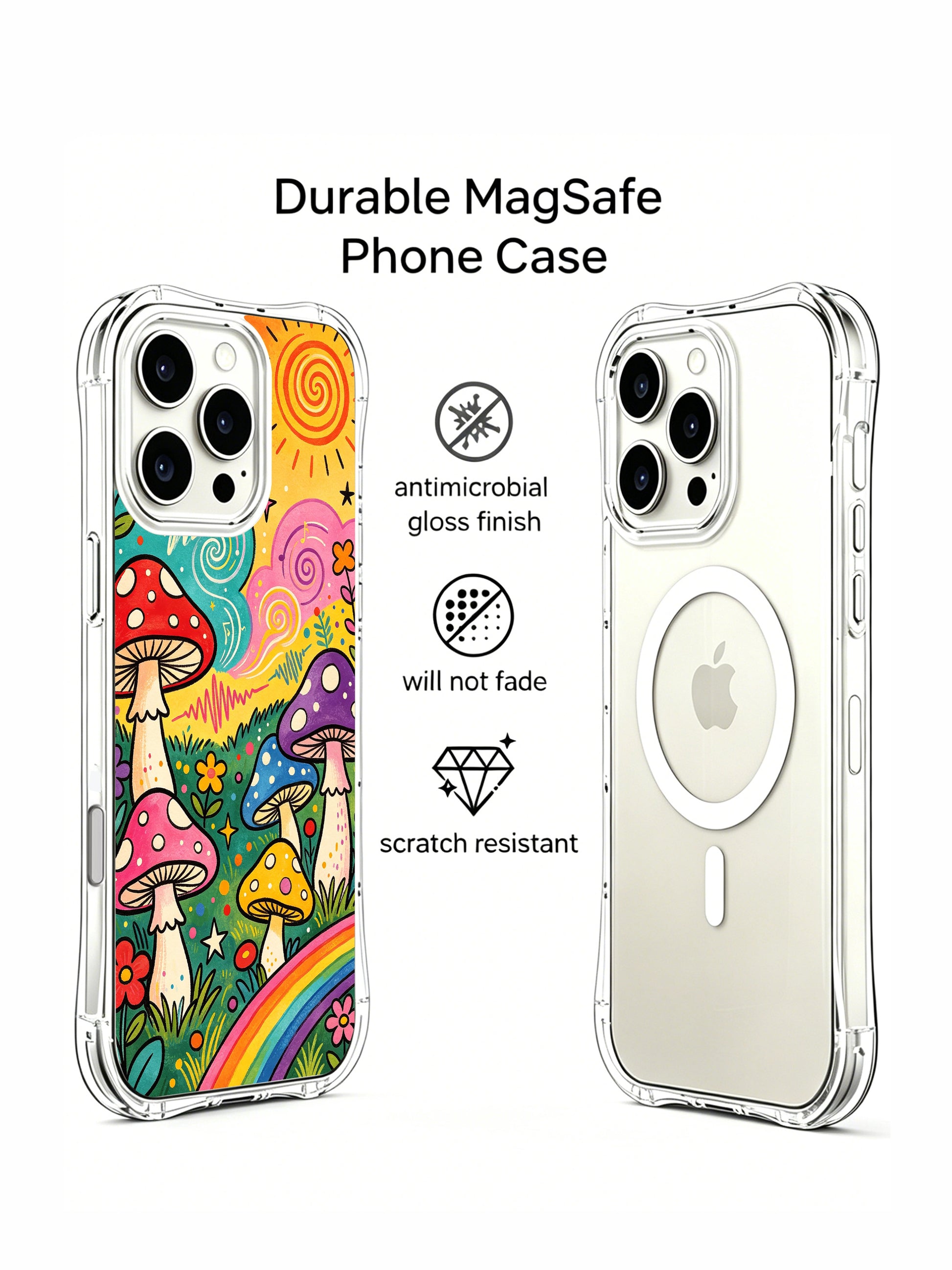 PhoneCasing iPhone 16 pro max Case, scratch-resistant fade-proof art casing with warm gradient orange sky, spiral cloud shapes filled with musical notation, multi-hued spotted mushroom grouping, limited-edition wearable art exclusively from PhoneCasing California workshop.