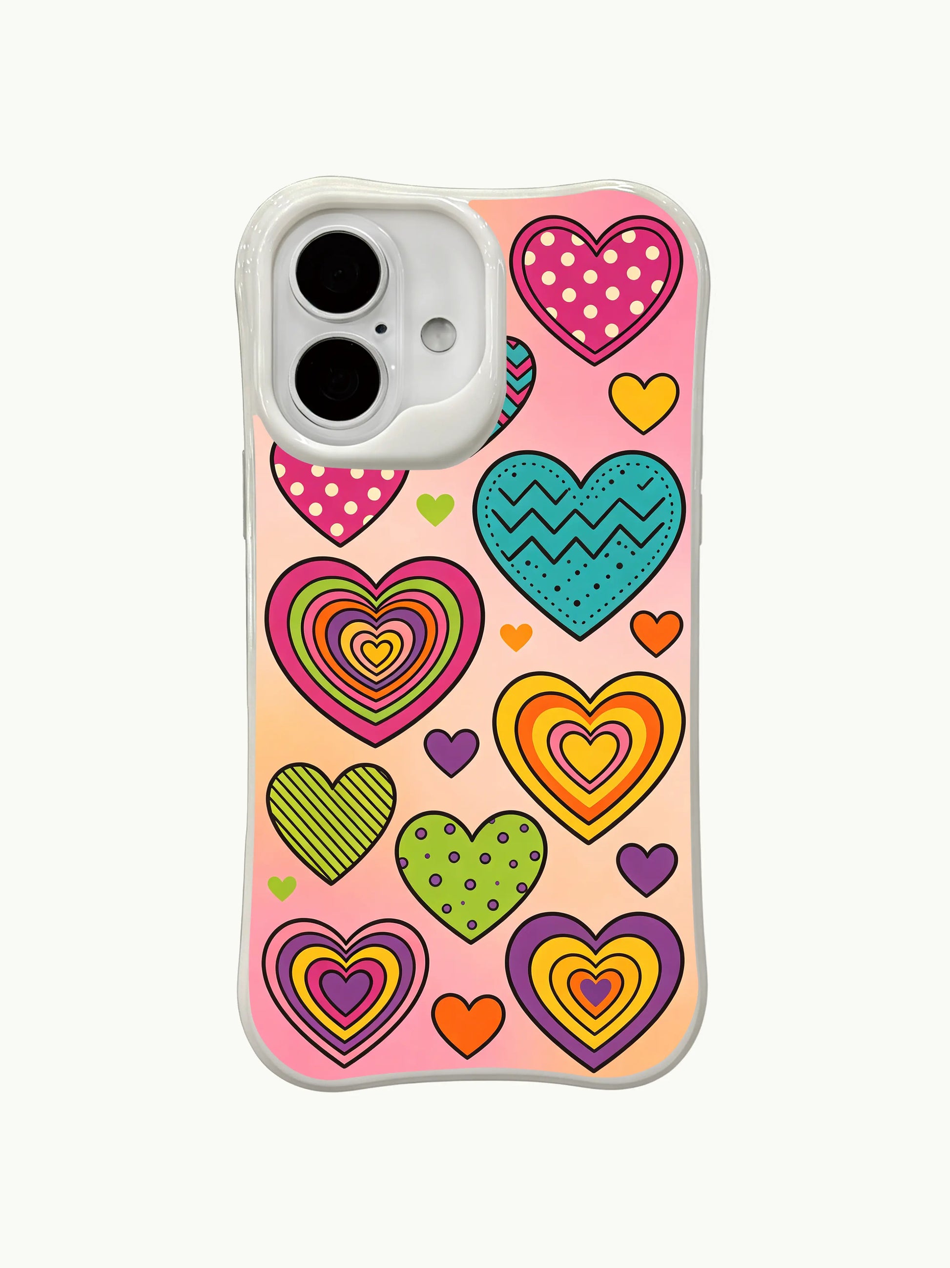 PhoneCasing gradient retro hearts iPhone 16 plus case, soft peach-to-orange background with bold, multi-patterned hearts.