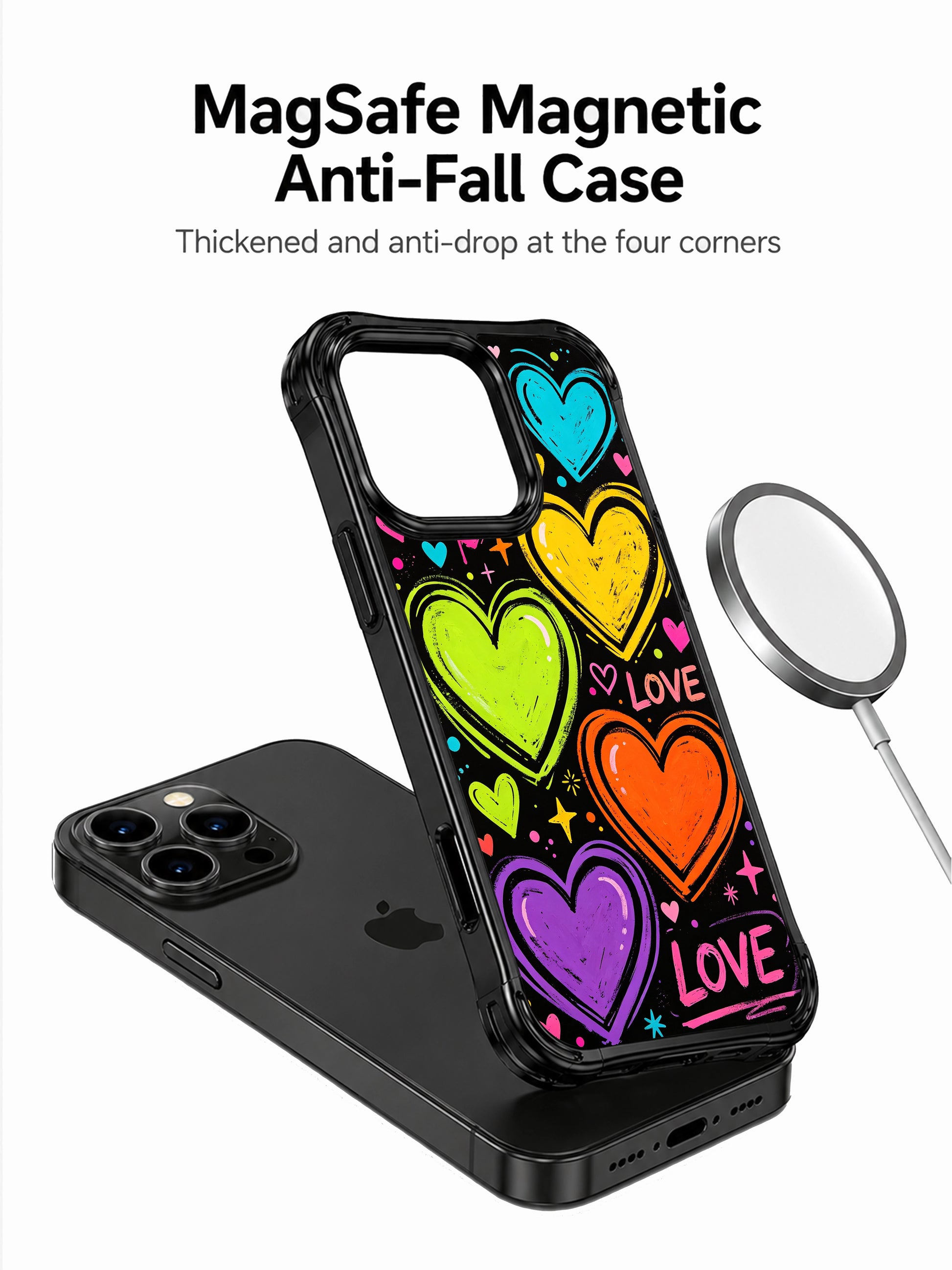 Graphic unapologetic romance PhoneCasing iPhone 13 Pro Max cover, Loud Love Energy seamless textured crayon print, assorted size bouncing pop hearts, star dot and mini heart confetti accents