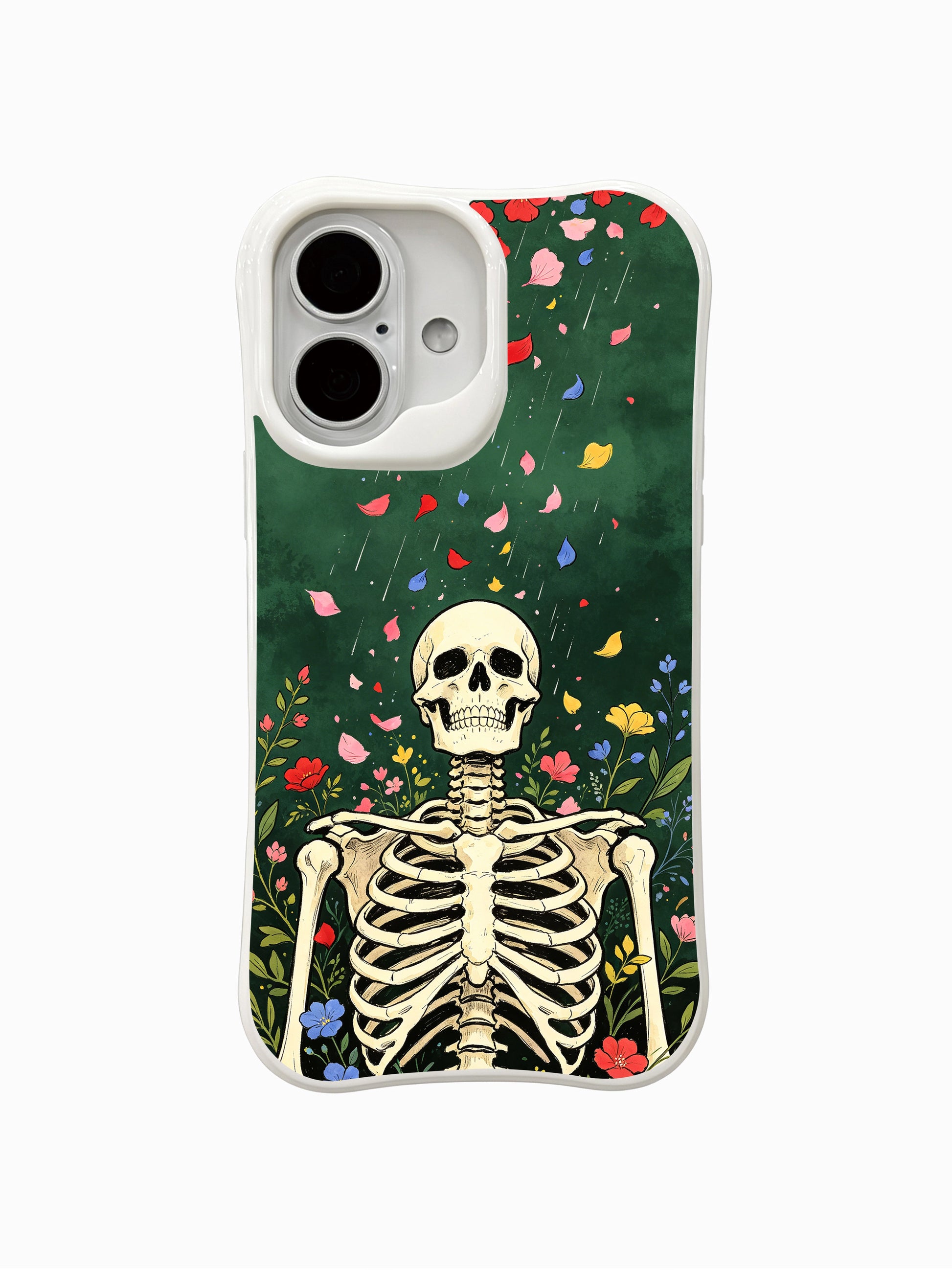 PhoneCasing Green Curtain Flower Shower fine art iPhone 16 Case, original Morrigan Vale old-school goth tattoo design featuring full-body skeleton gazing upward under drifting multicolor flower petals against vintage deep forest green textured backdrop, scratch resistant glossy iPhone 16 casing manufactured in California