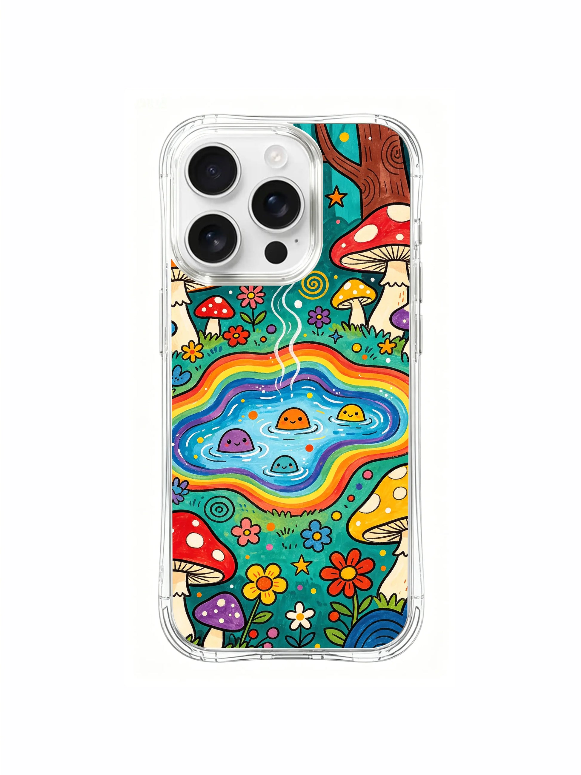 PhoneCasing iPhone 16 pro max Case, side-accent fine art casing with lush green meadow base on left paired with multi-tonal wildflower jungle patch, original Luna Moss licensed art wearable casing