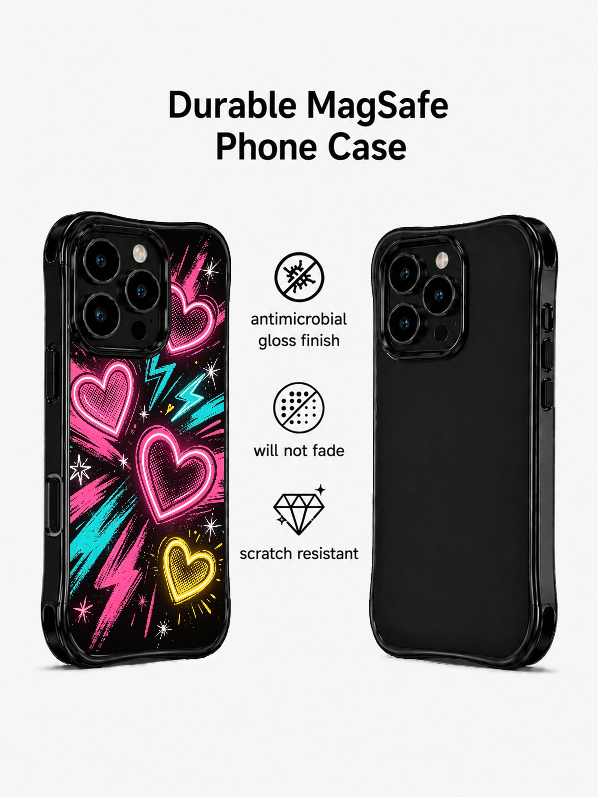 PhoneCasing iPhone 13 Pro Max cover textured grunge black canvas filled with floating neon hearts, electric lightning strikes and glitter star sparks, delivers bold rebellious youthful crush vibe, edgy modern artistic casing.