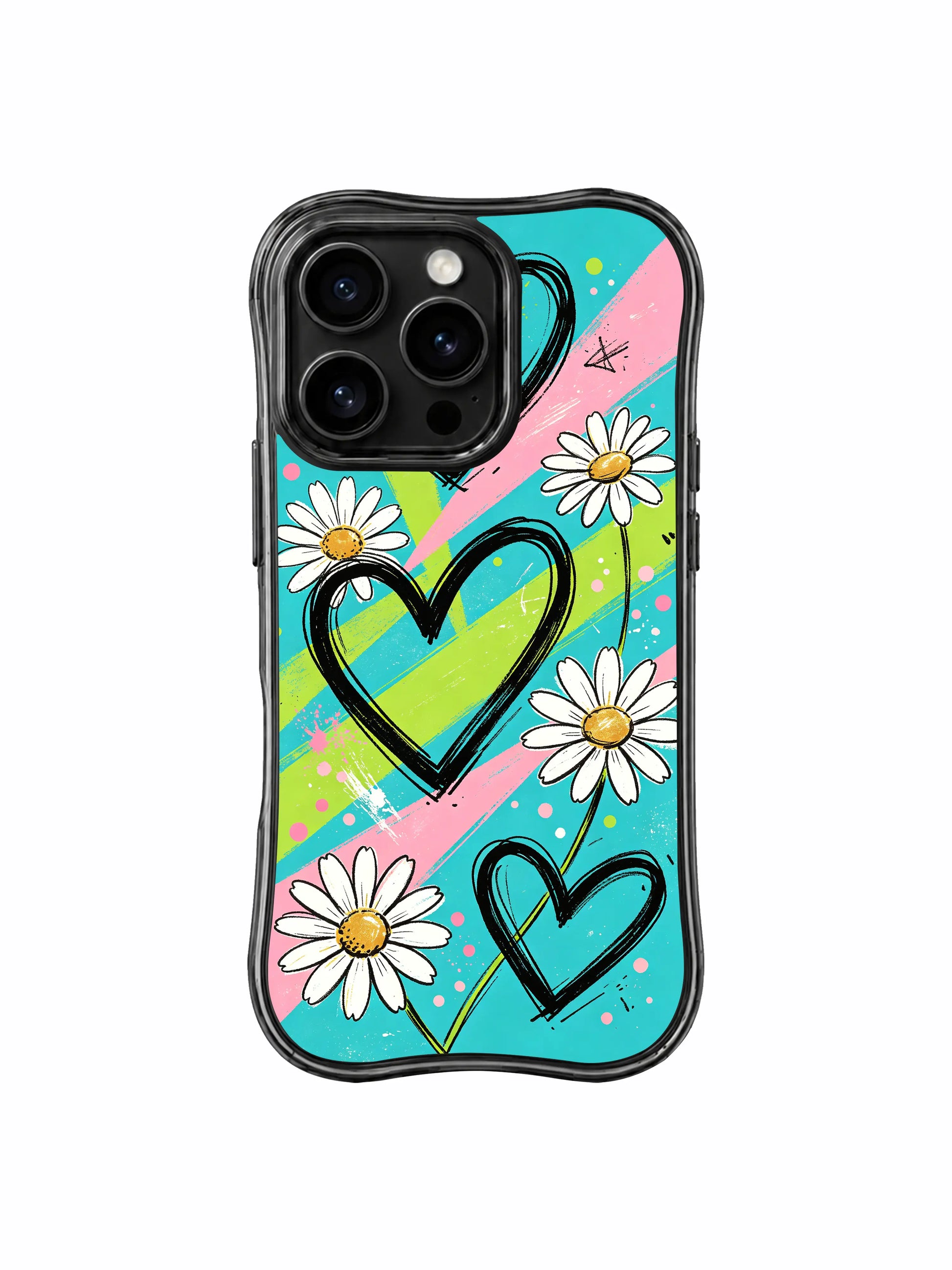 PhoneCasing iPhone 16 pro Case with authentic uneven messy hand sketch brush grain on every diagonal stripe, exclusive Ruby Daze Red Stripe Daisy Signal floral artwork, scratch-proof wavy phone protection.