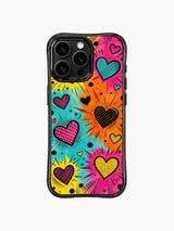 PhoneCasing iPhone 13 Pro Max case textured rough grunge hand sketch finish on all burst edges and heart outlines, tiny black speckle dot embellishments, laid-back edgy youthful artistic casing.