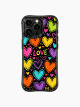 PhoneCasing iPhone 13 Pro Max case textured loose grunge sketch finish on all heart shapes, tiny dot confetti embellishments, carefree youthful artistic casing.