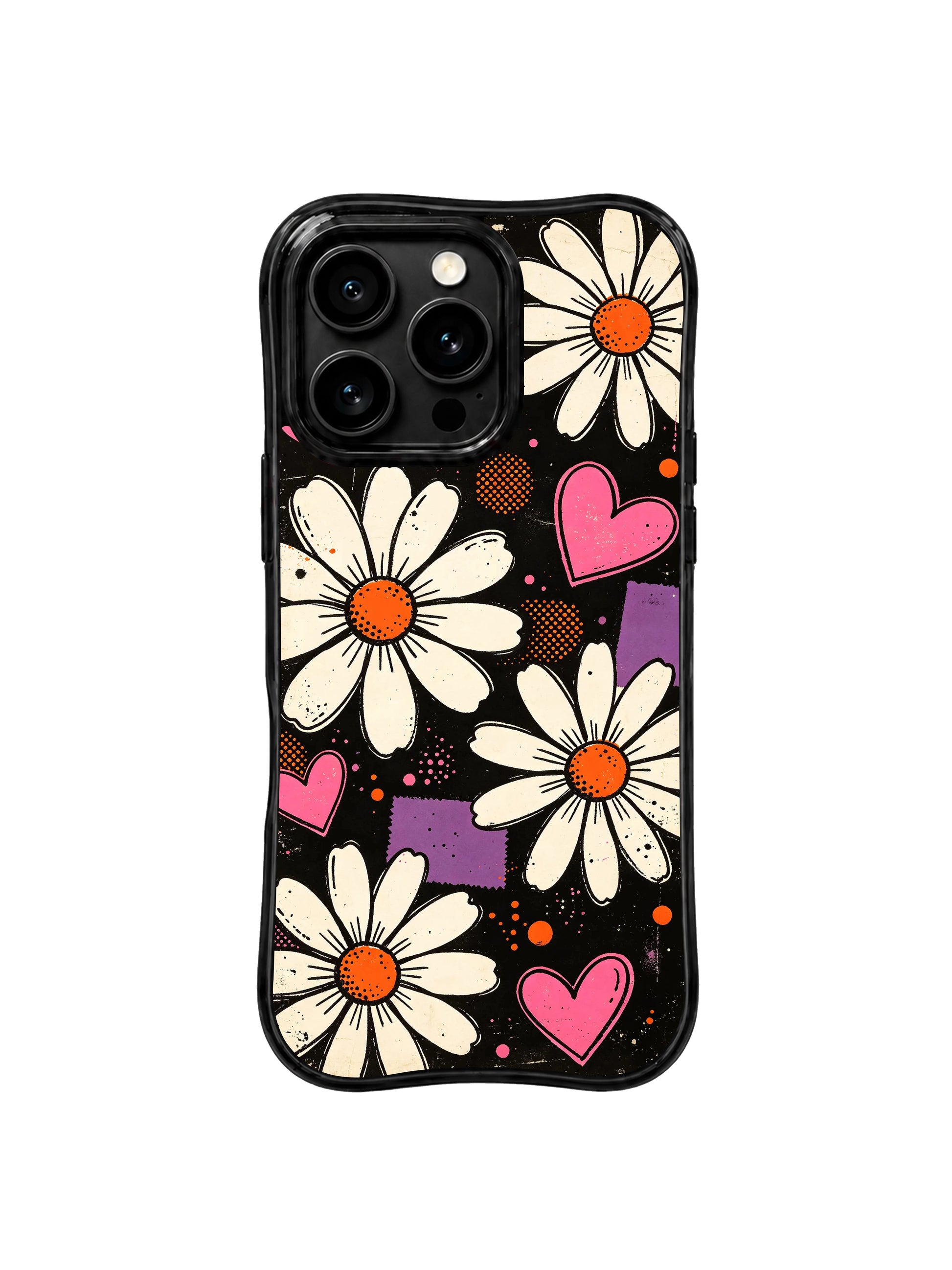 PhoneCasing iPhone 16 pro Case with authentic faded screen print grain texture, exclusive Ruby Daze Midnight Daisy Pulse floral artwork, scratch-proof wavy phone protection.