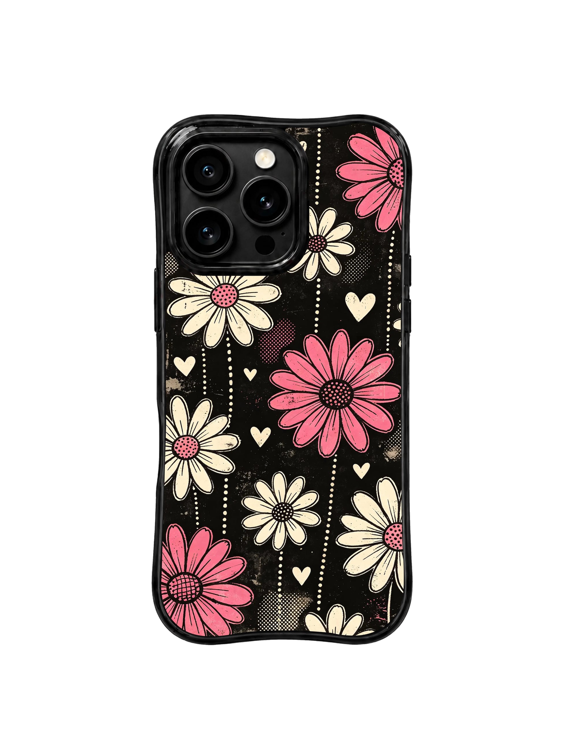 PhoneCasing iPhone 16 pro Case with authentic old TV static grain & faded screen print distress, exclusive Ruby Daze Pink Static Garden floral artwork, scratch-proof wavy phone protection.