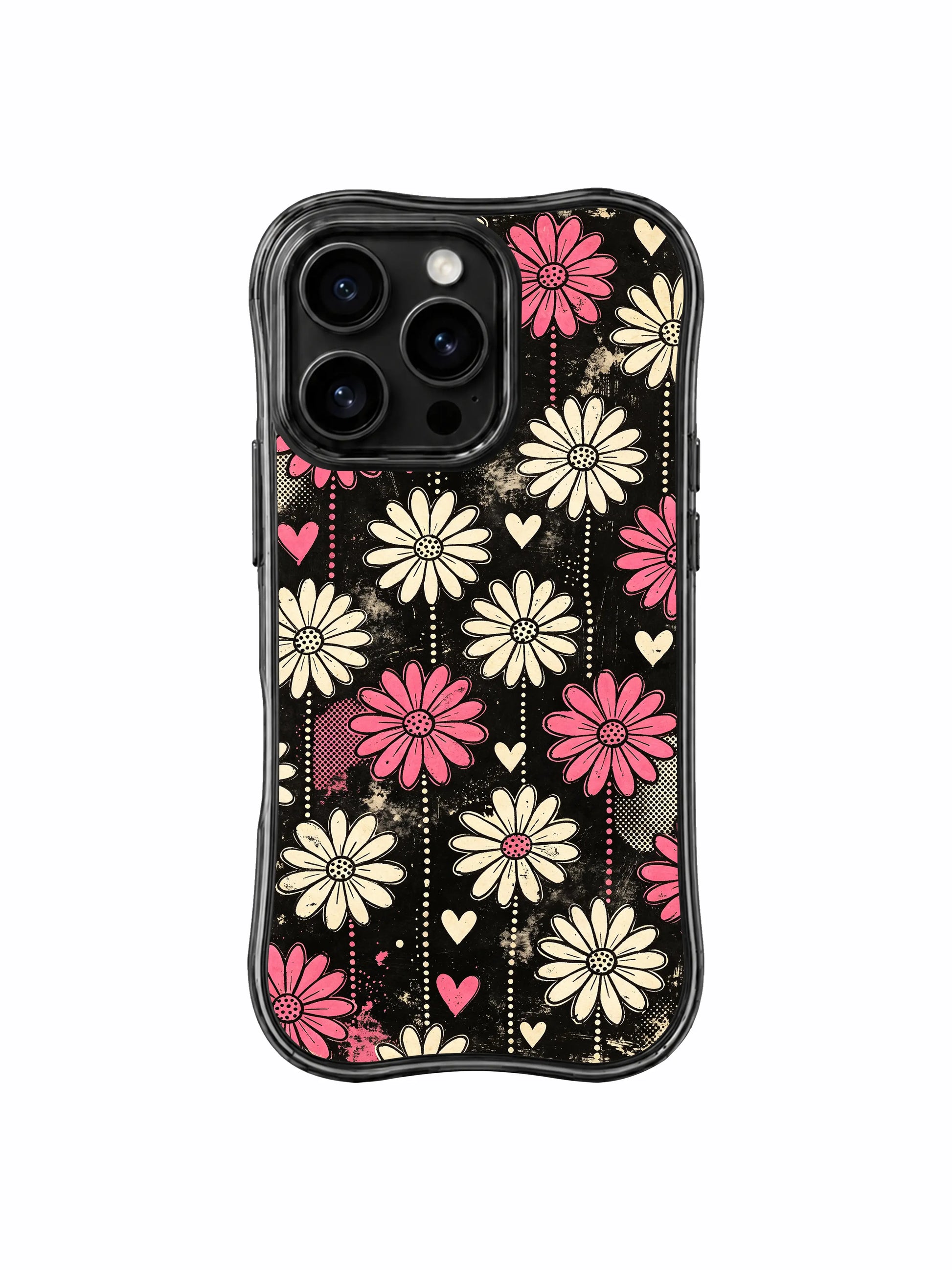 PhoneCasing iPhone 16 pro Case with rough hand-sketched vertical daisy petal outlines, Ruby Daze original retro street pop art, premium wavy print casing crafted in California.