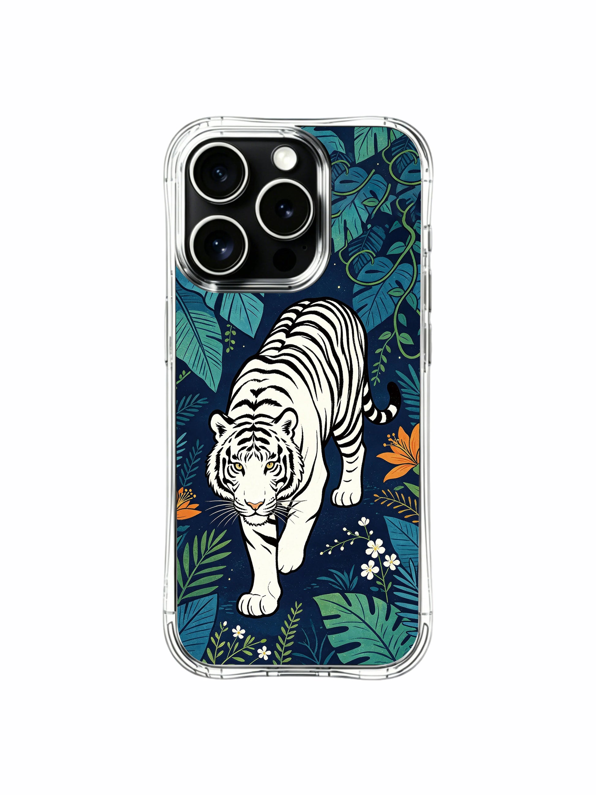 Spirit guardian white tiger tropical rainforest iPhone 13 Pro Case by PhoneCasing, midnight blue backdrop fine art phone casing, limited run premium shockproof protective case