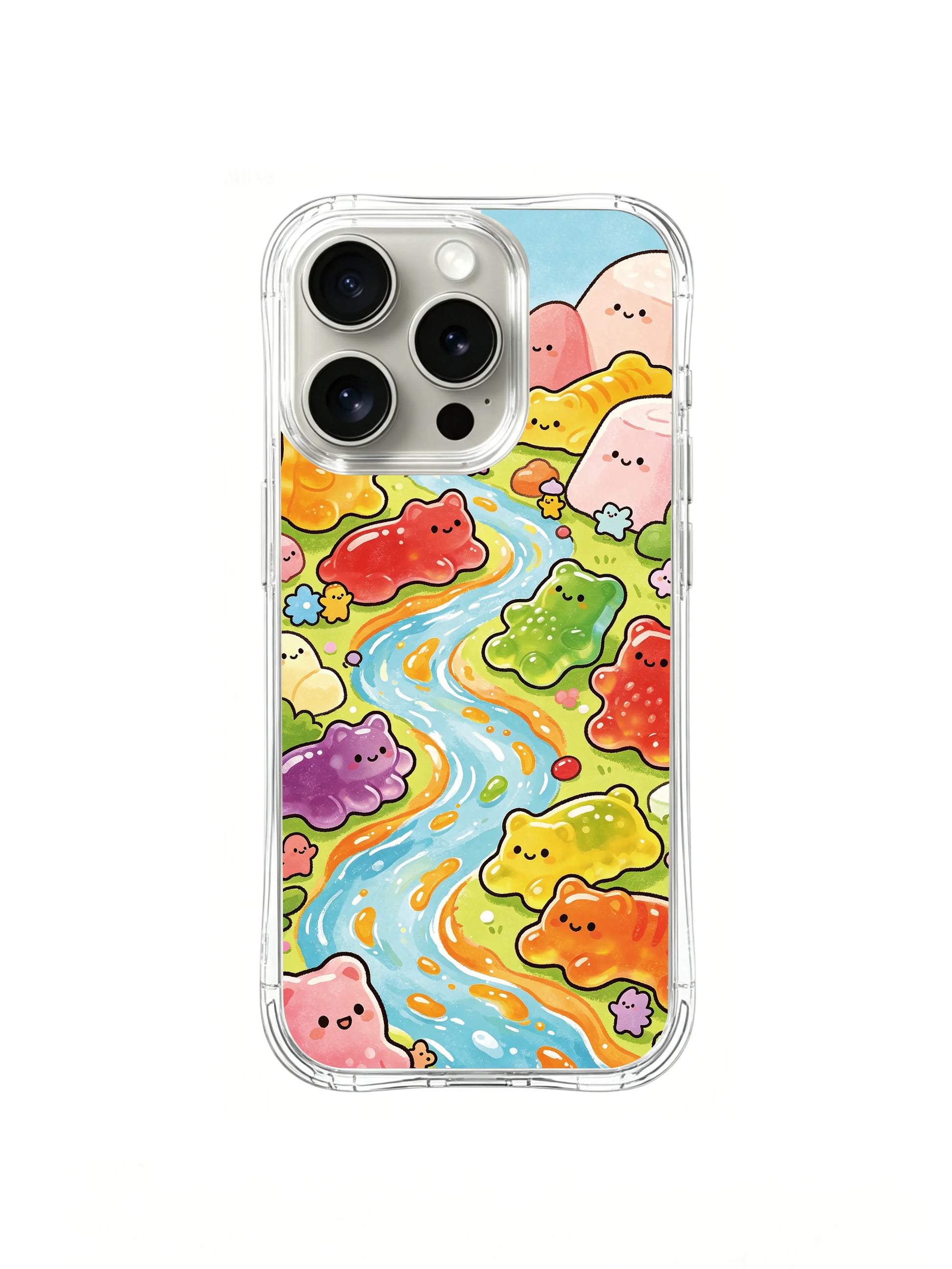 PhoneCasing iPhone 16 Pro Case with cute gummy bear character art, artist-collaborated premium case for women.