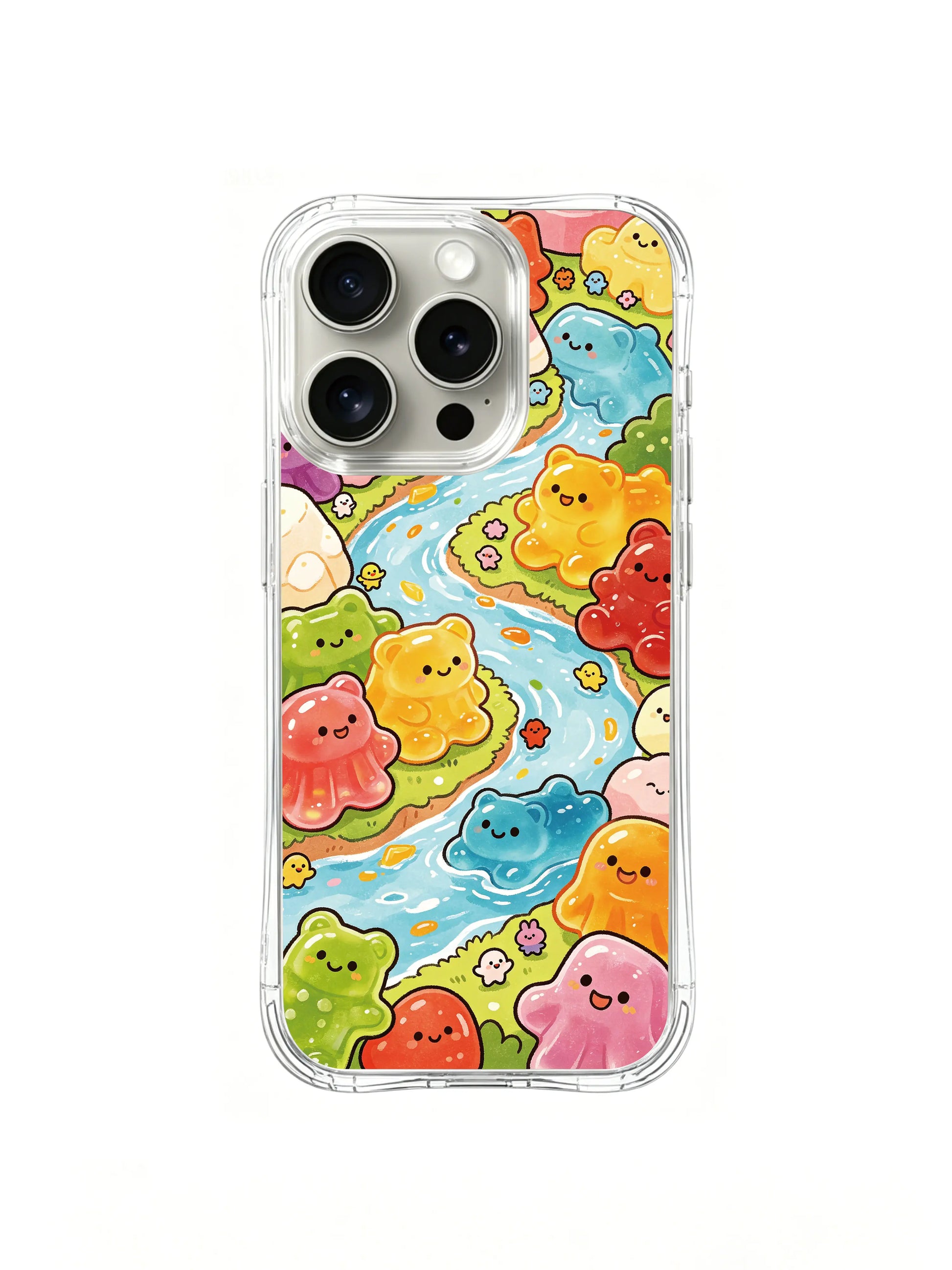 PhoneCasing iPhone 16 Pro Case with Gummy Zoo candy landscape illustration, part of Milo Yun’s Happy Little Worlds collection, premium art casing.