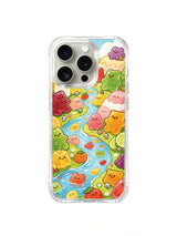 PhoneCasing iPhone 16 Pro Case with Gummy Zoo juice river scene illustration, exclusive Milo Yun design, premium art case for iPhone 16 Pro.