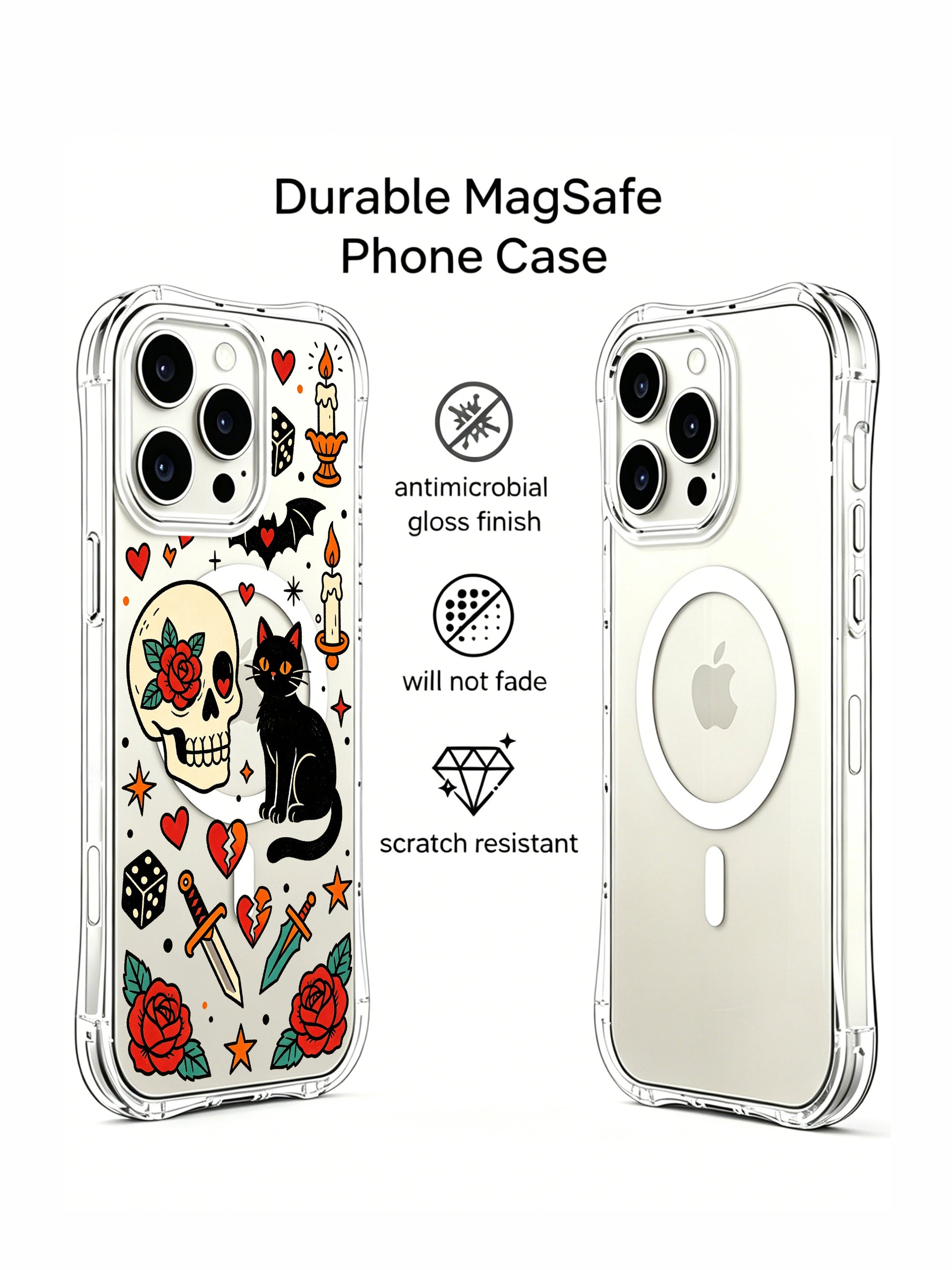 PhoneCasing iPhone 15 pro Case printed with partial skull design, broken red heart icon, paired bottom roses and dual candle ornaments, fade-proof wearable art phone casing ideal as unique women’s gift.