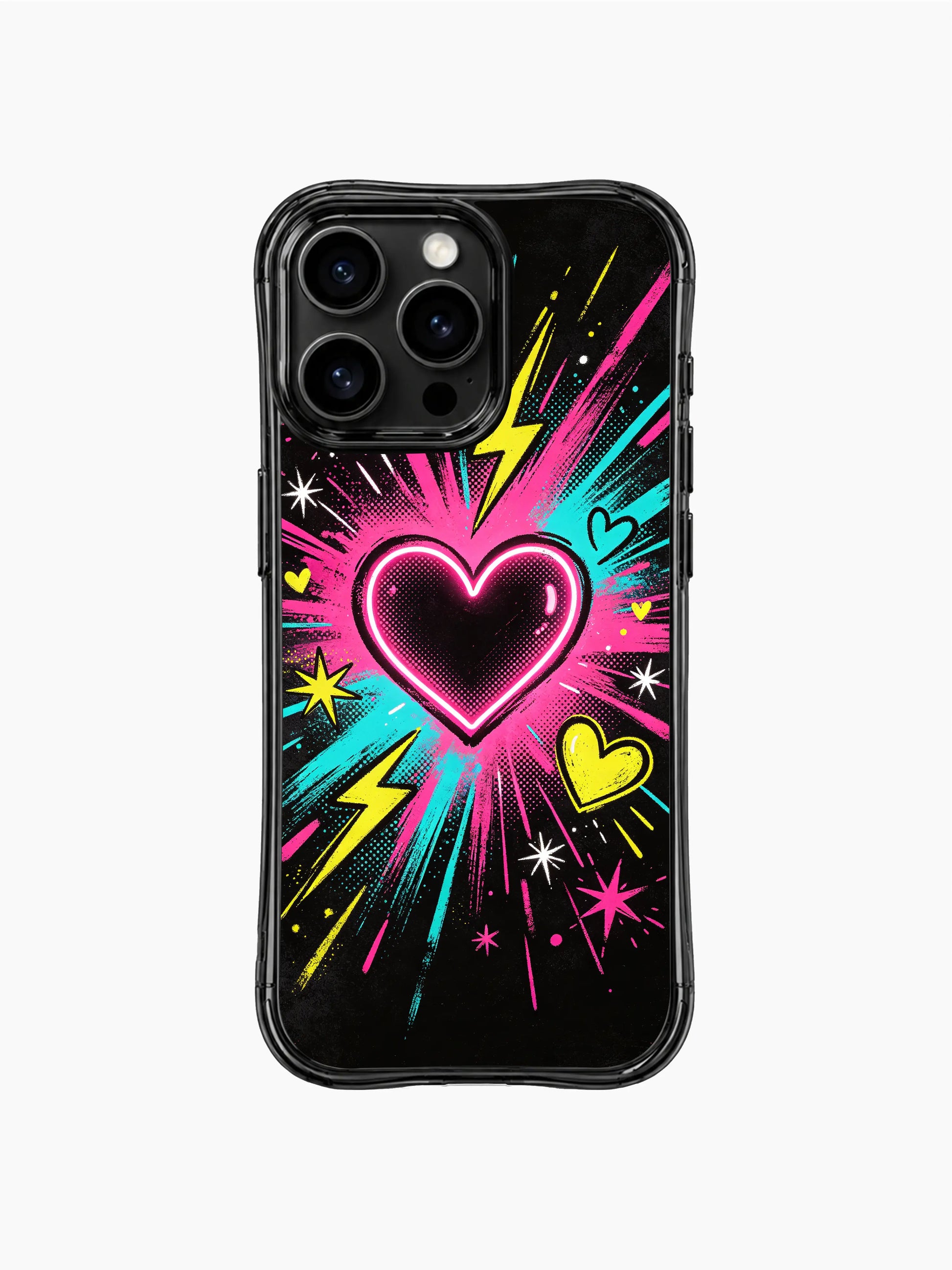 PhoneCasing iPhone 13 Pro Max case classic retro comic halftone dot texture inside every neon heart, rough uneven paint splash burst layers, assorted lightning and star spark decor on dark grunge black canvas phone cover casing.