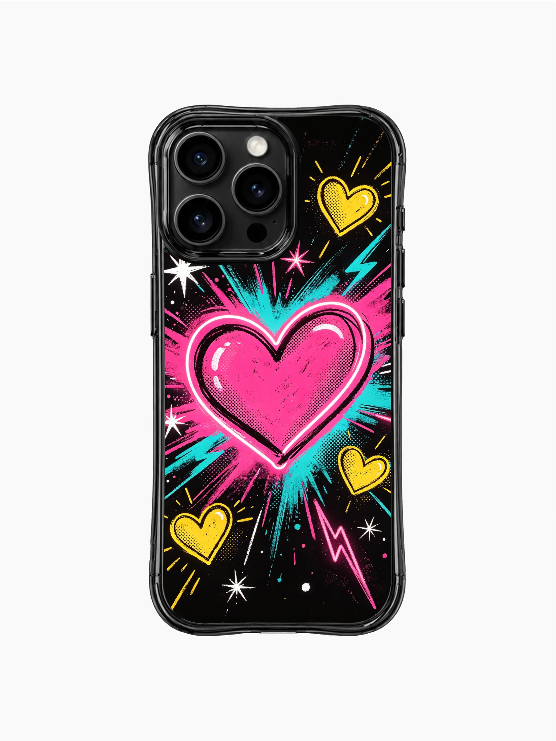 PhoneCasing iPhone 13 Pro Max casing raw hand-brushed radiating paint burst strokes, uneven glowing neon heart outlines, scattered star sparkles and lightning doodles over textured grunge black base, casual daily use bold pop phone case.