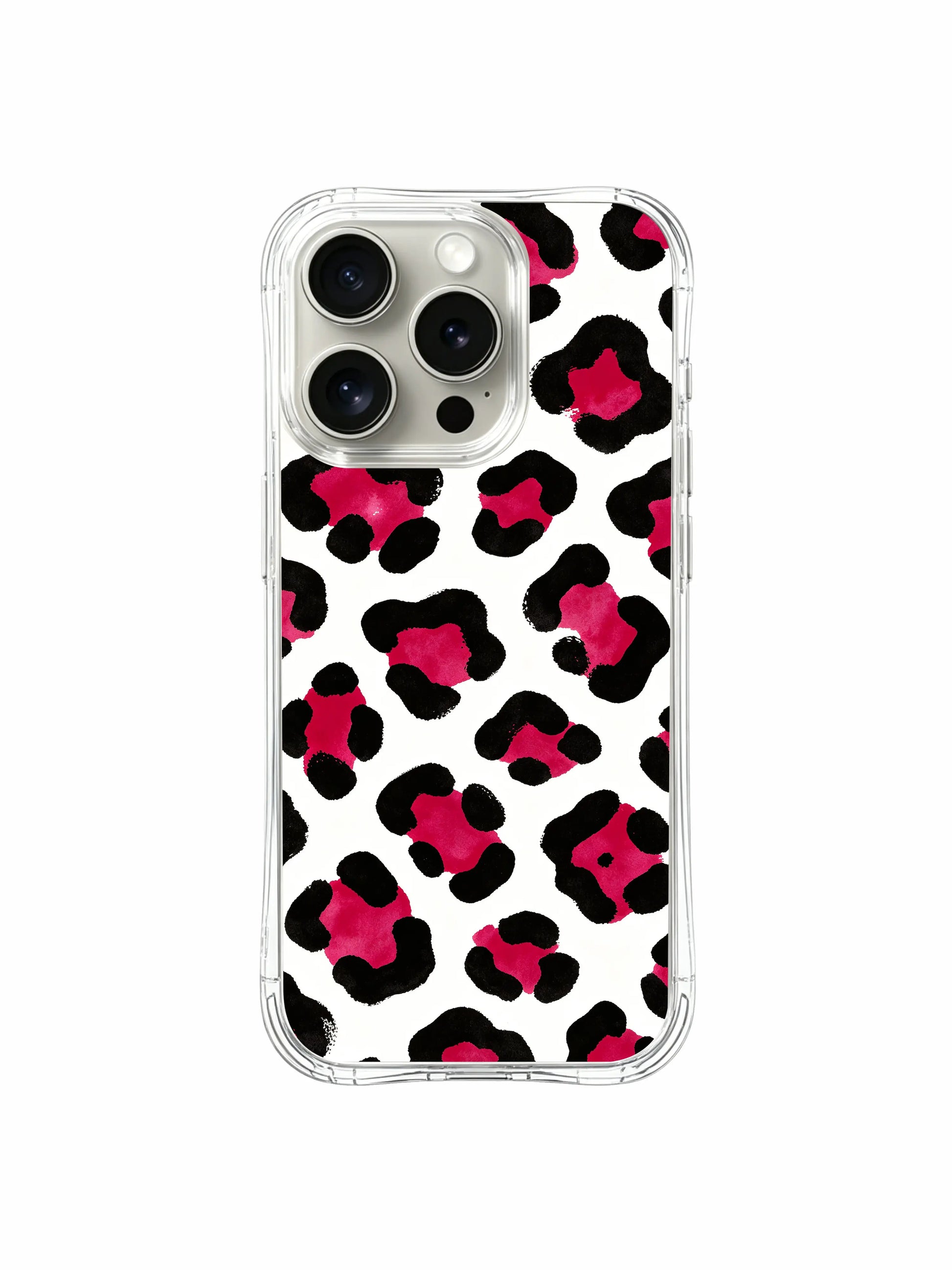Macro close mockup detail of hand brushstroke clean white pink leopard iPhone 14 Pro Case by PhoneCasing, organic uneven ink edges retain bold expressive watercolor texture on bright white casing base
