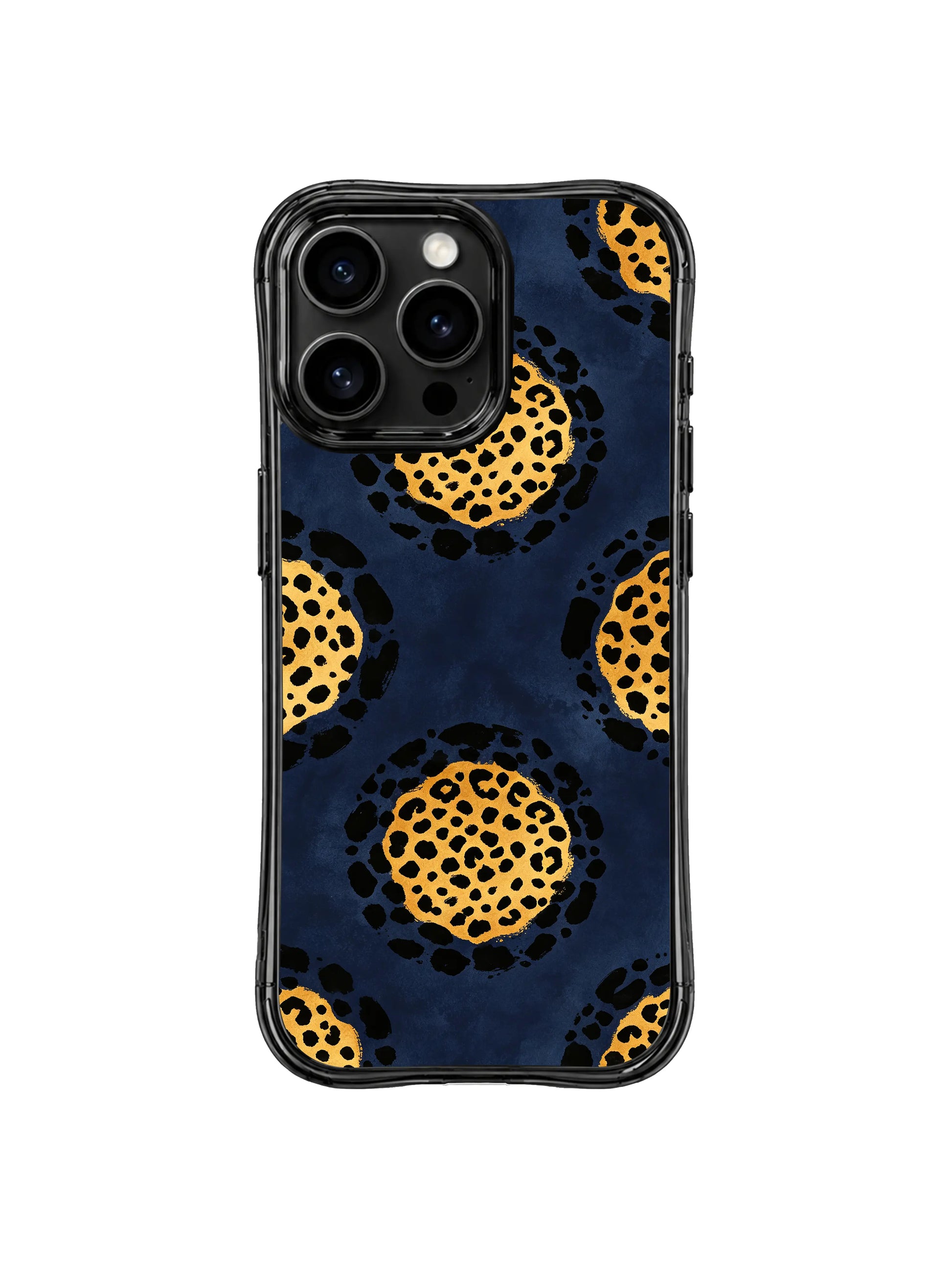 Macro close mockup detail of hand brushstroke midnight navy gold leopard iPhone 14 Pro Case by PhoneCasing, organic uneven ink edges retain refined quiet luxury watercolor texture on deep dark casing base
