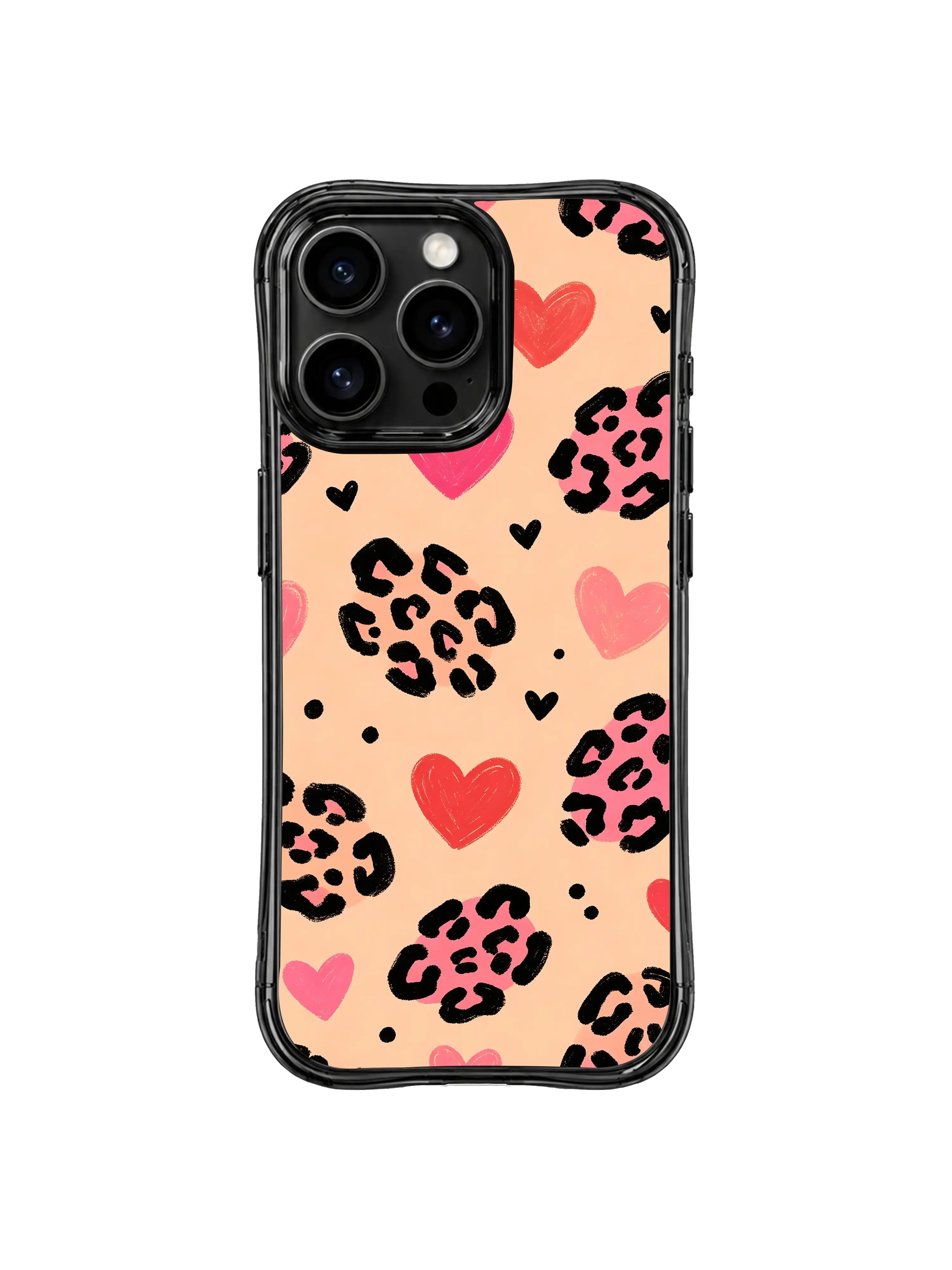 Macro close mockup detail of hand brushstroke peach heart leopard iPhone 14 Pro Case by PhoneCasing, organic uneven soft paint edges retain raw hand-drawn youthful artistic texture on warm peach casing base