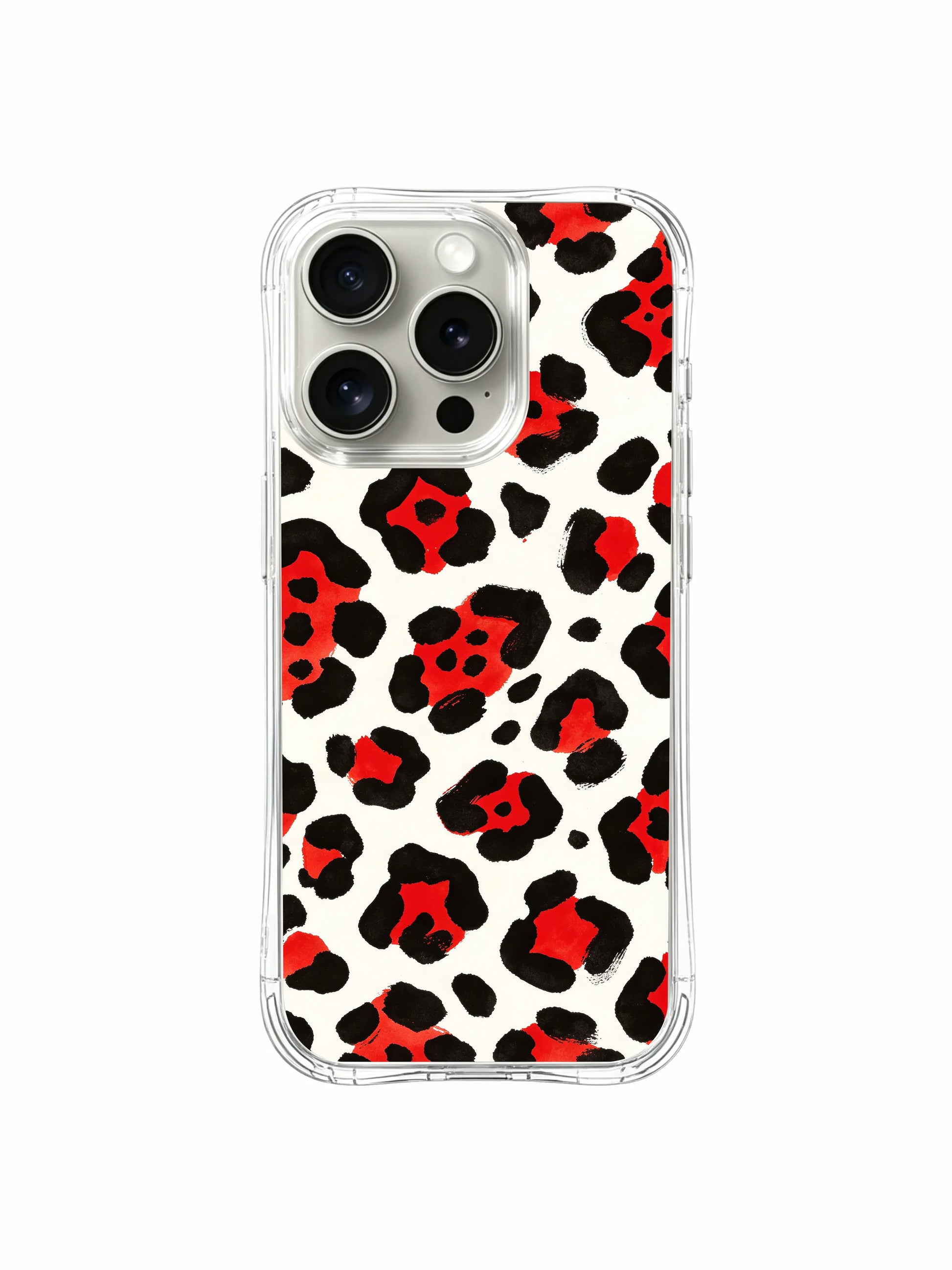 Macro close mockup detail of hand brushstroke red berry leopard iPhone 14 Pro Case by PhoneCasing, organic uneven paint edges retain raw hand-drawn artistic texture on crisp white casing base