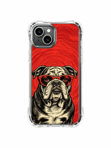 Woodcut-style red-lens bulldog artwork on an iPhone 13 case