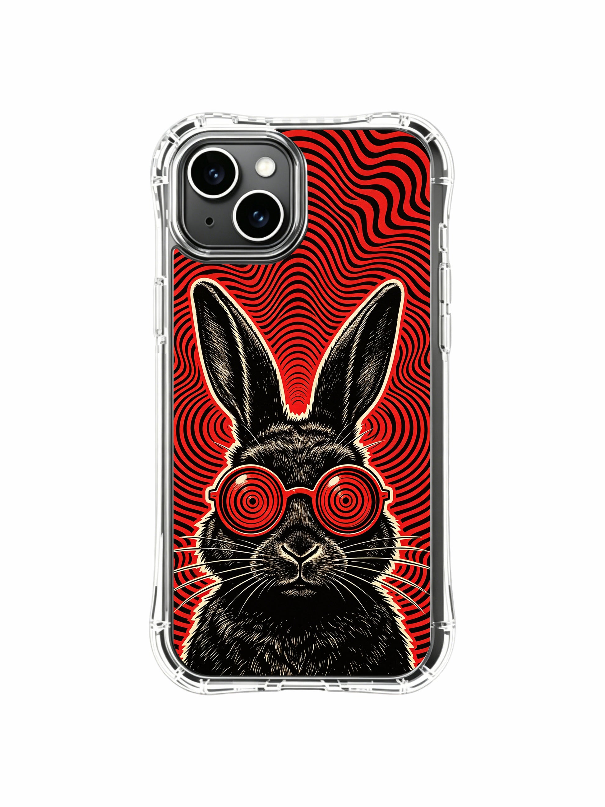 Hand-engraved vintage woodcut fine art of mysterious record cover black rabbit on PhoneCasing iPhone 13 Case, premium wearable art phone casing from California artisan studio.