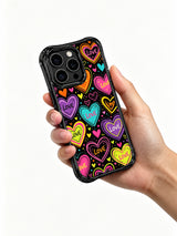 PhoneCasing iPhone 13 Pro Max case rough loose chalk sketch heart shapes, uneven handwritten LOVE words in matching neon hues, scratch-resistant eye-catching statement phone cover.