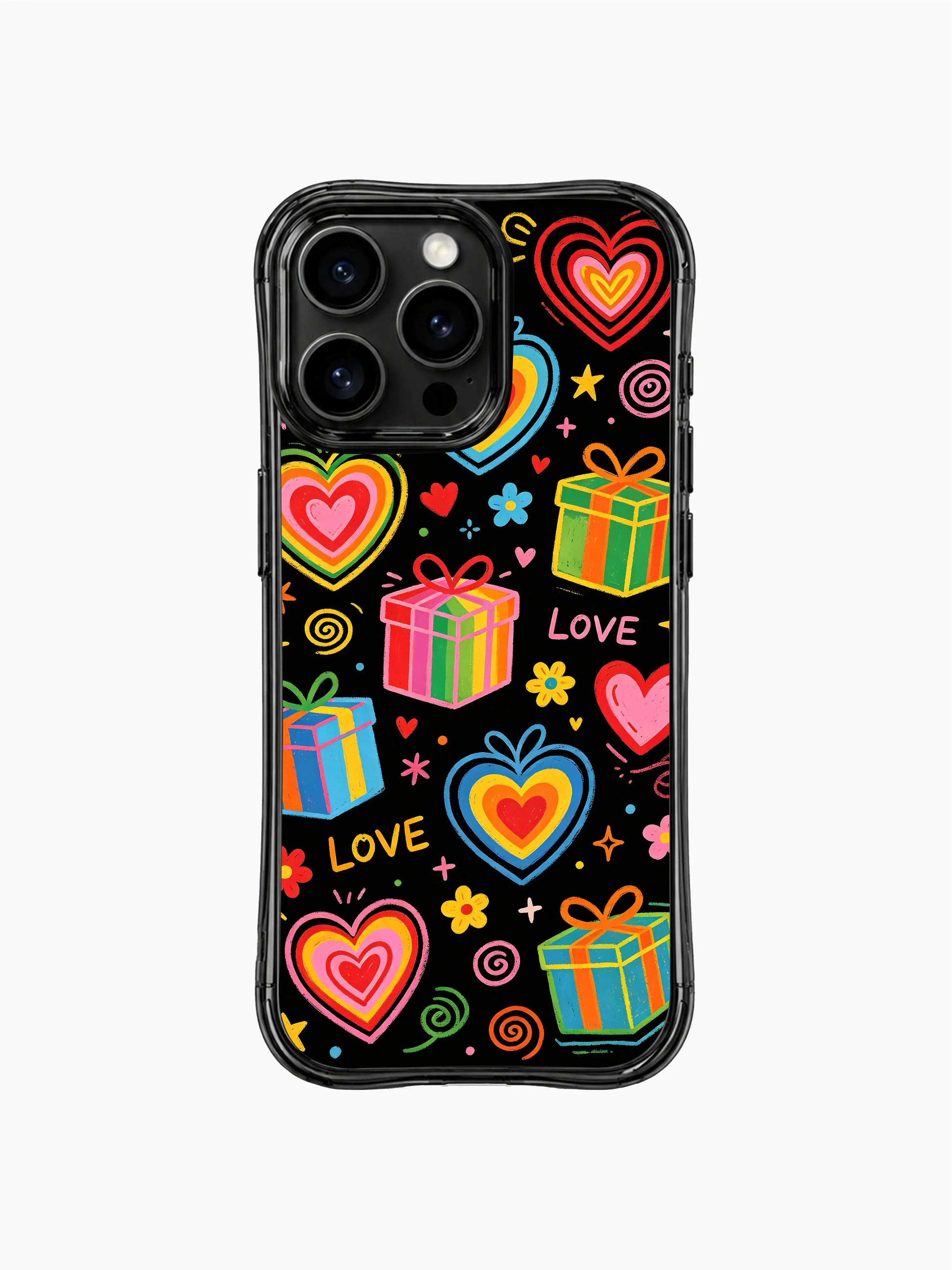 PhoneCasing iPhone 13 Pro Max casing rough hand sketch gift boxes with rainbow ribbon outlines, paired with colorful layered hearts daily phone case.