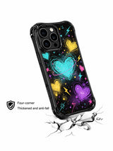 PhoneCasing iPhone 13 Pro Max casing showcasing rough scribble sketch heart layers, spray paint dot splatters, multi-point star decorations and neon lightning symbols, space fantasy aesthetic, casual daily wear phone case.