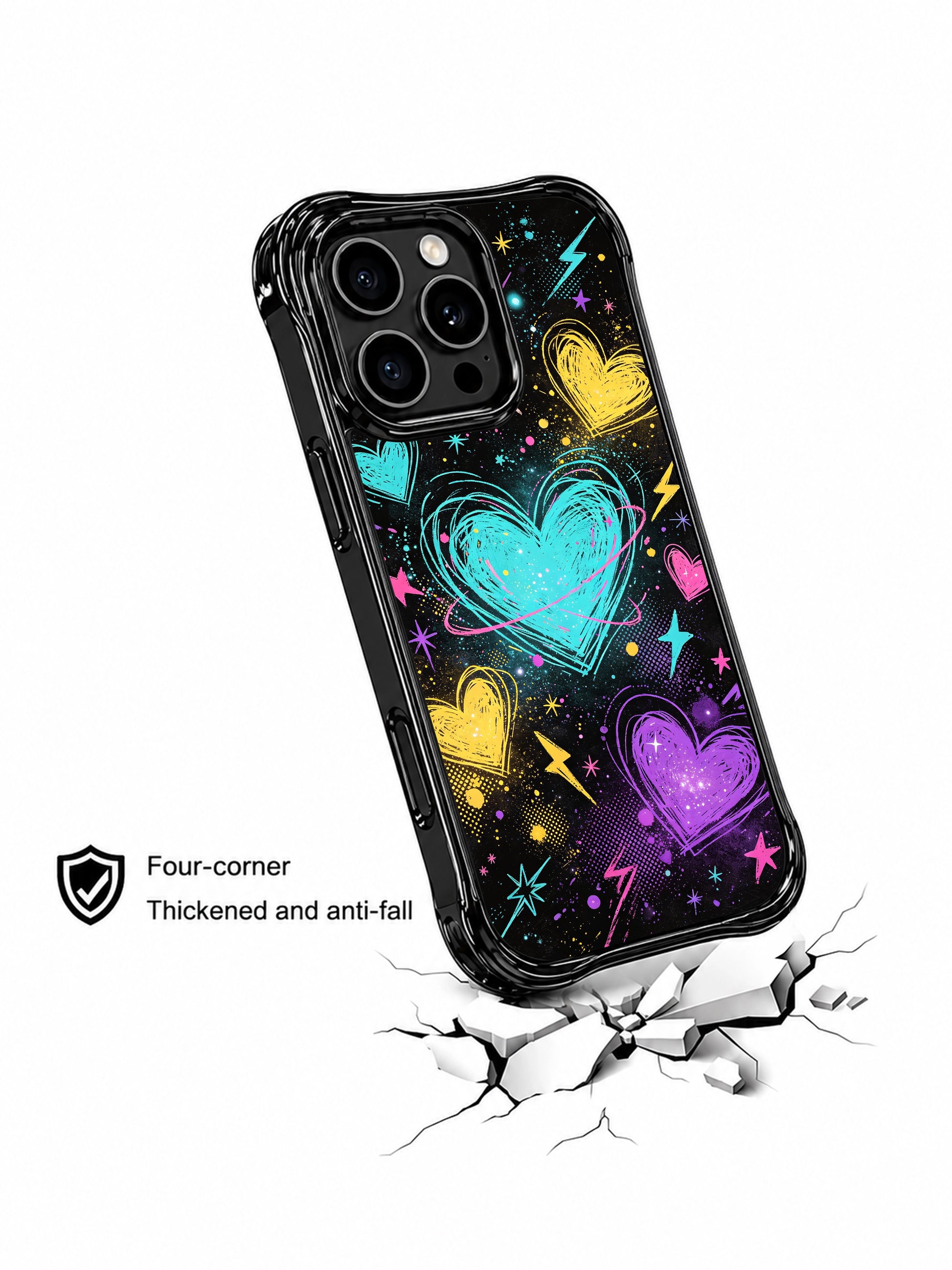 PhoneCasing iPhone 13 Pro Max casing showcasing rough scribble sketch heart layers, spray paint dot splatters, multi-point star decorations and neon lightning symbols, space fantasy aesthetic, casual daily wear phone case.