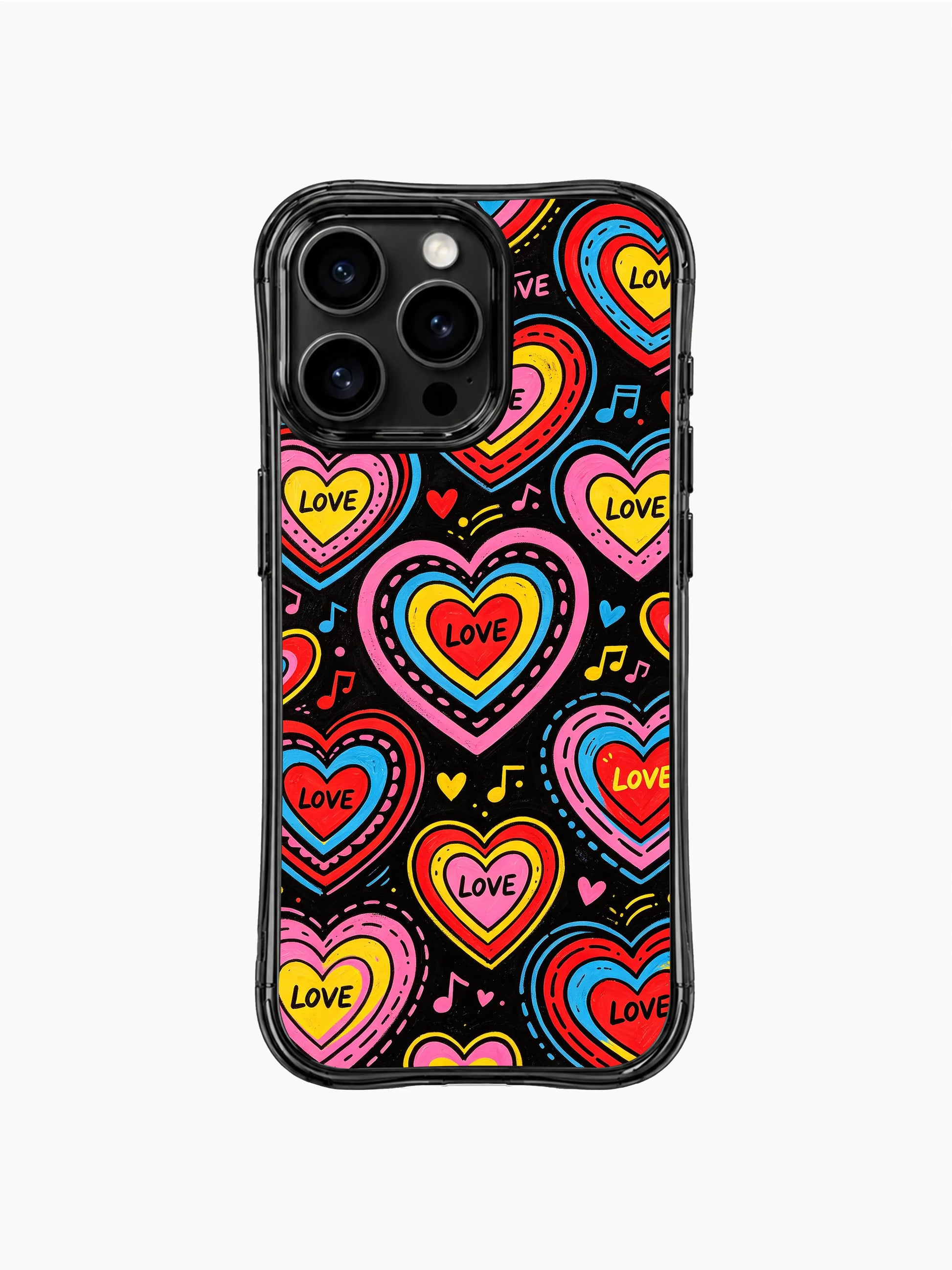 PhoneCasing iPhone 13 Pro Max cover loose hand-drawn thin outline layered hearts mixed with music note and star dot decor, vintage radio pop crush art phone case.