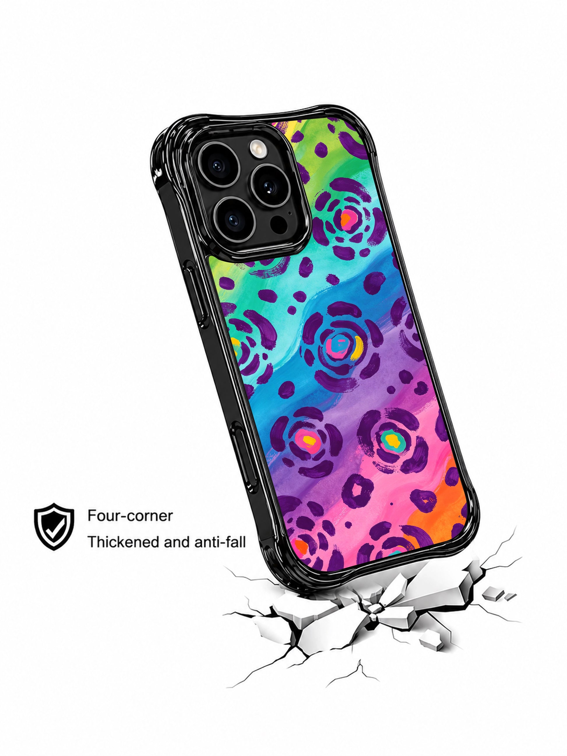 Close-up detail of PhoneCasing hand-drawn abstract leopard iPhone 14 Pro Case, textured brushstroke purple spots on rainbow gradient background, premium scratch-resistant art print