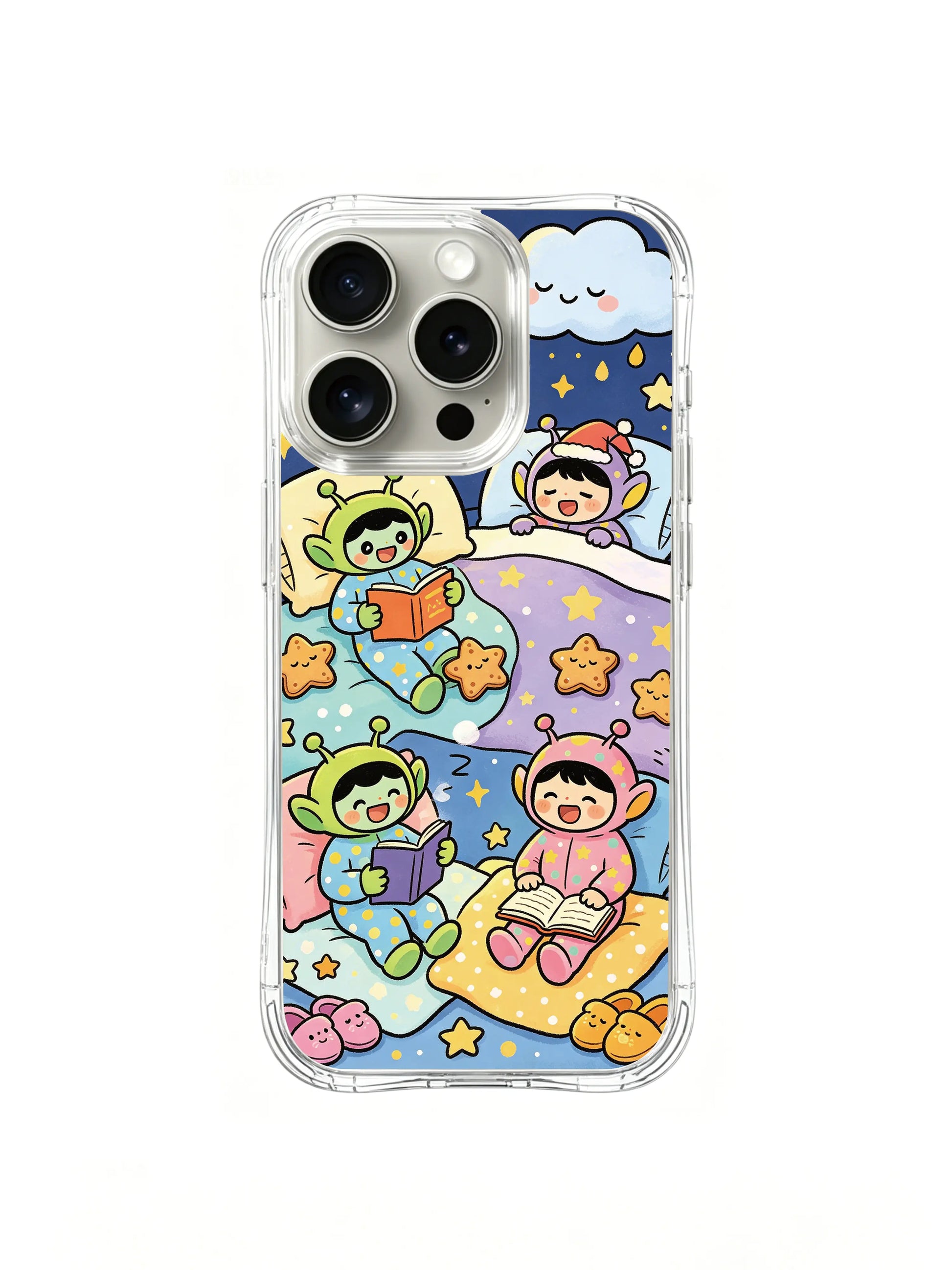 PhoneCasing iPhone 16 pro Case with hand-drawn Alien Pajama Party art, premium artist-designed case made in California for iPhone 16 pro.