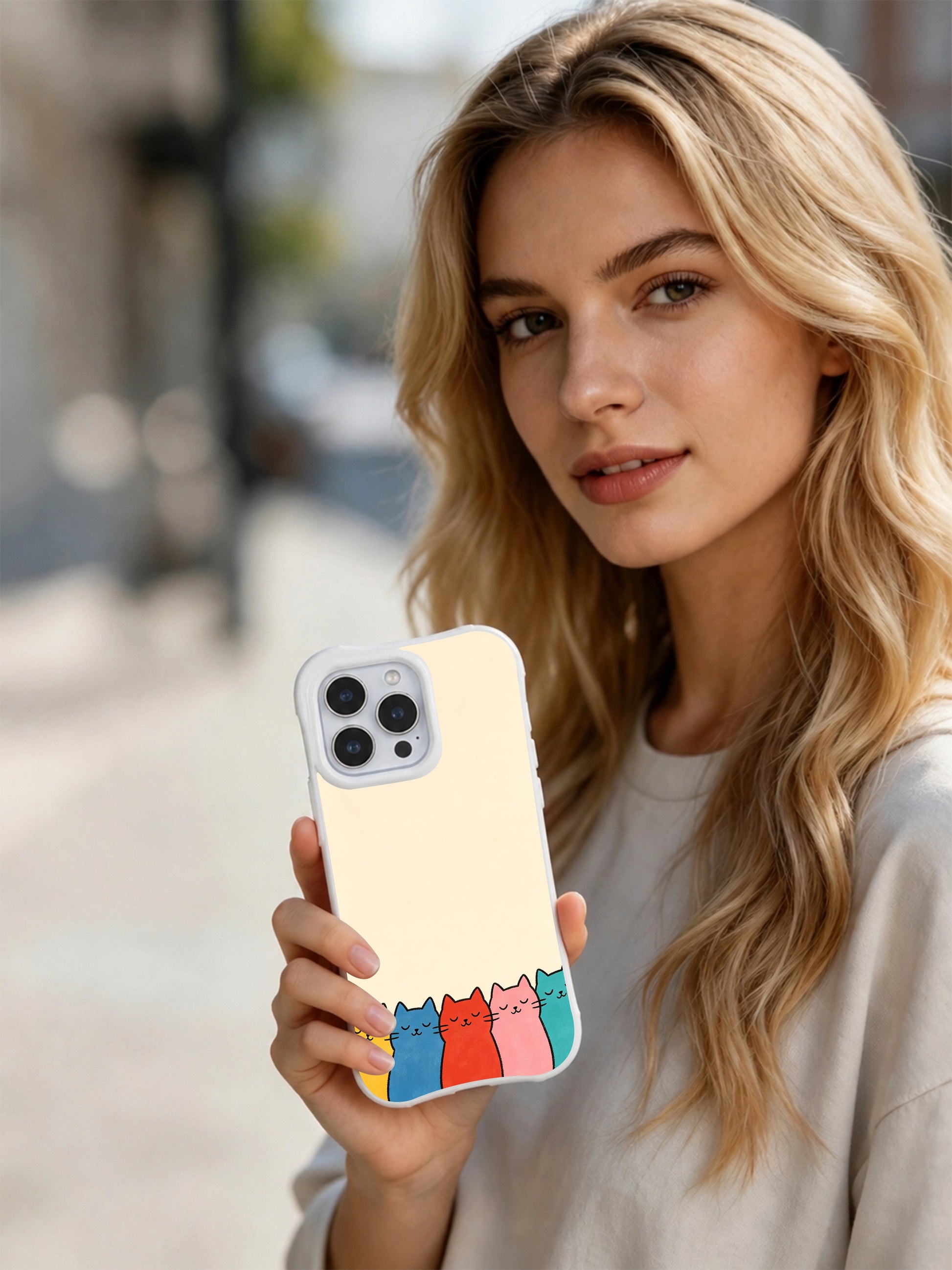 PhoneCasing iPhone 16 Pro Max featuring hand-drawn balancing cats art, naive-style colorful felines with a warm, gentle charm.