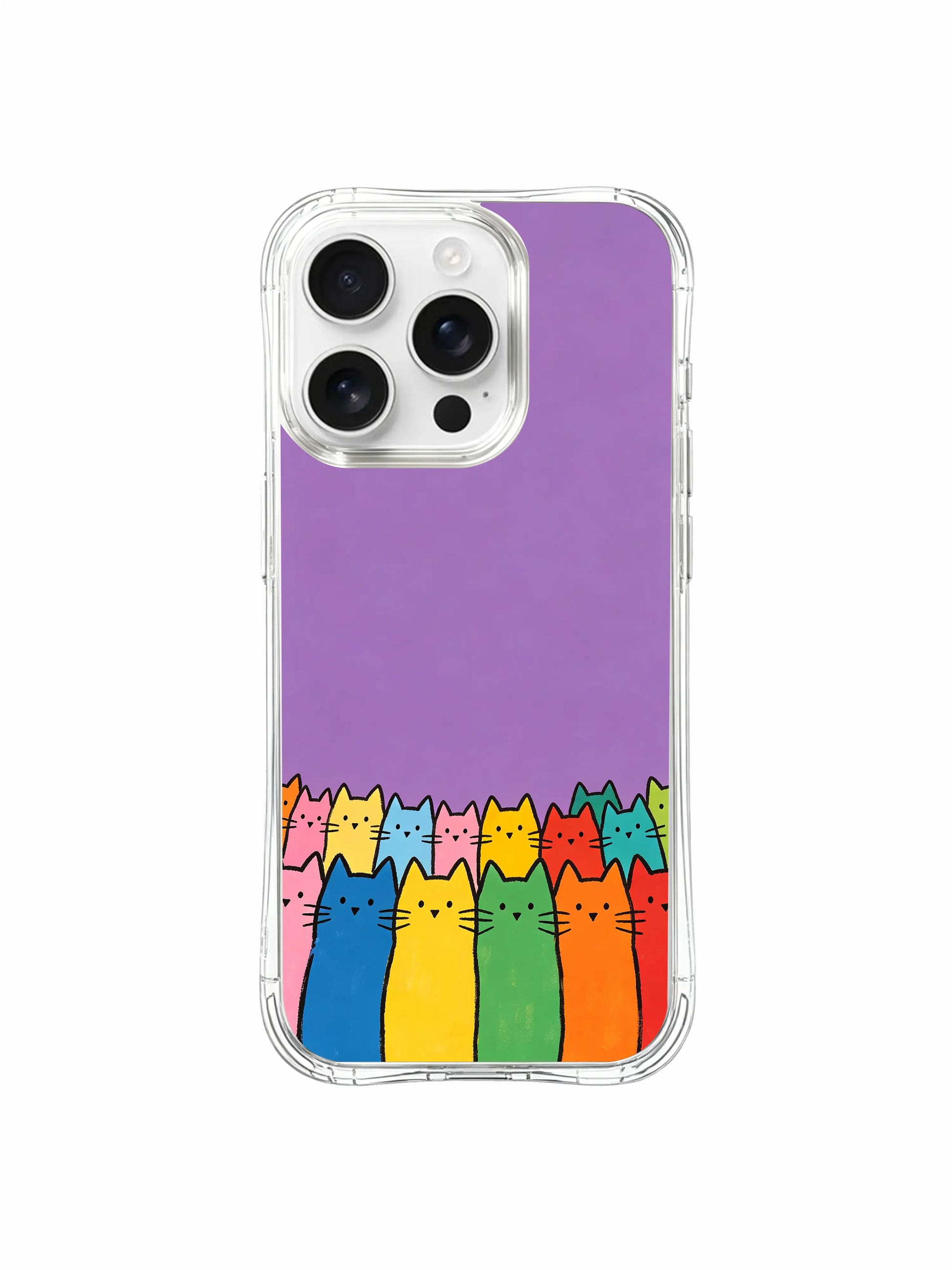 PhoneCasing iPhone 16 Pro Max featuring hand-drawn cat gathering art, naive-style cats with bold black outlines on a purple backdrop.