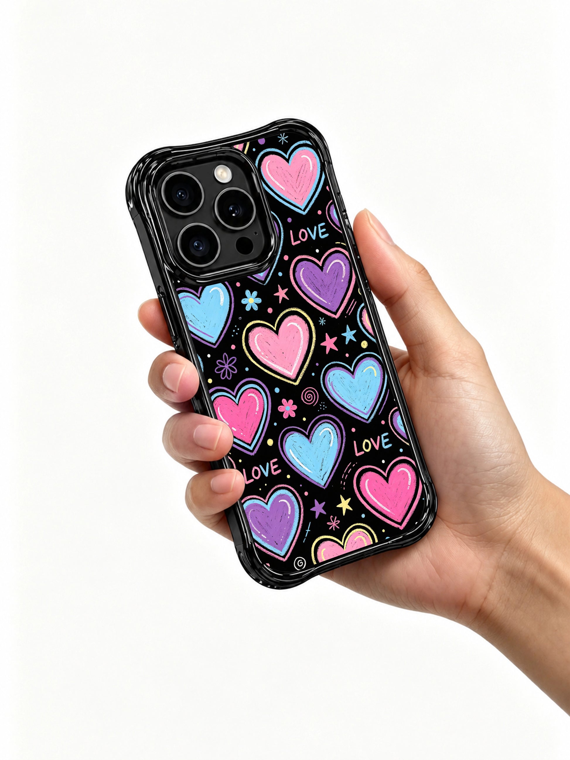 PhoneCasing iPhone 13 Pro Max case with hand sketched chalk bubblegum hearts, scattered LOVE letter print playful cute protective phone cover.