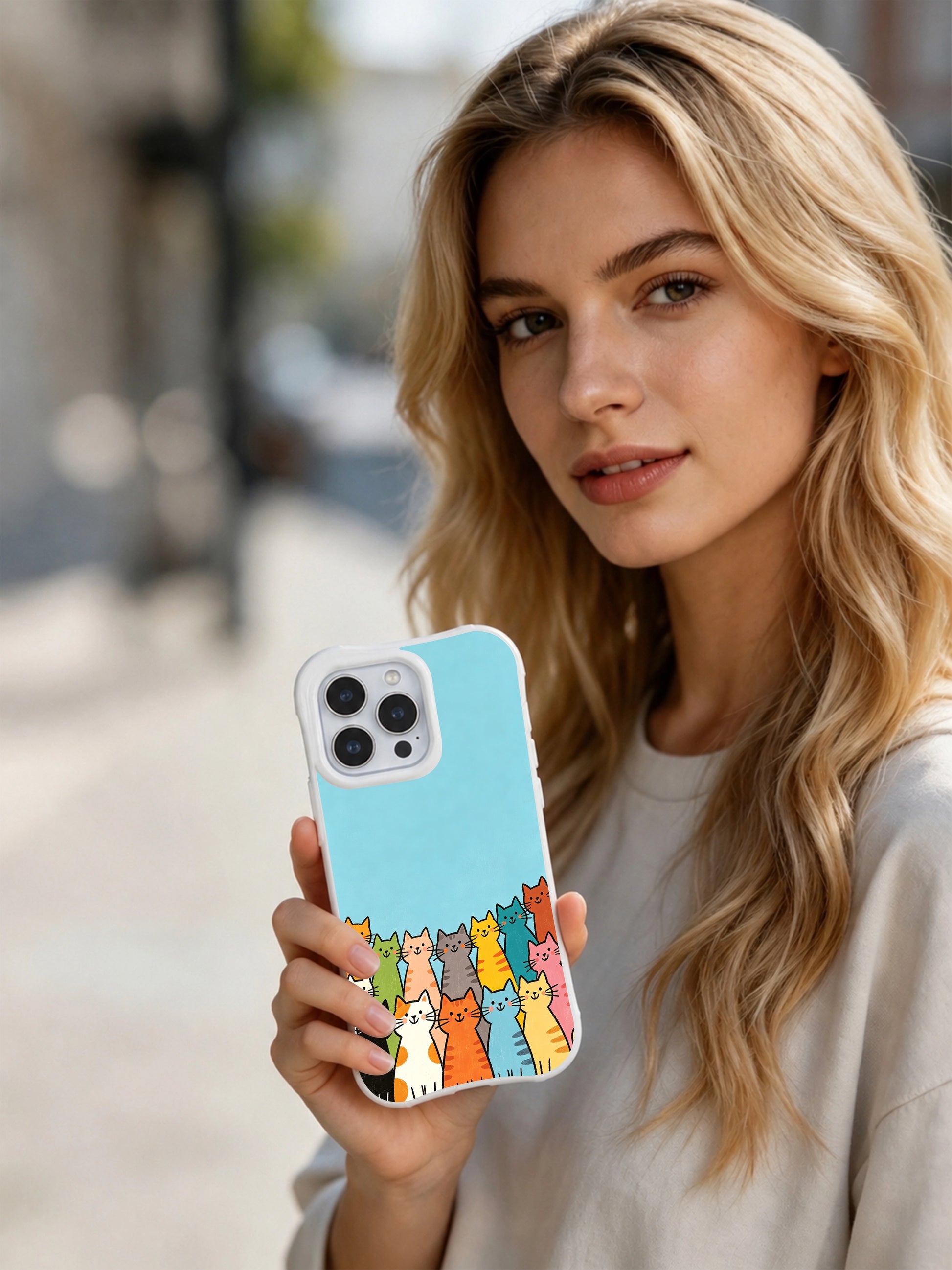 PhoneCasing iPhone 16 Pro Max featuring hand-drawn colorful cats art, naive-style felines in every hue with a warm, joyful charm.
