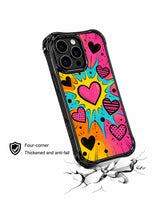 PhoneCasing iPhone 13 Pro Max casing showcasing hand drawn radial burst line details around every heart, alternating striped and dotted heart fills, retro comic book aesthetic, everyday casual wear phone case.