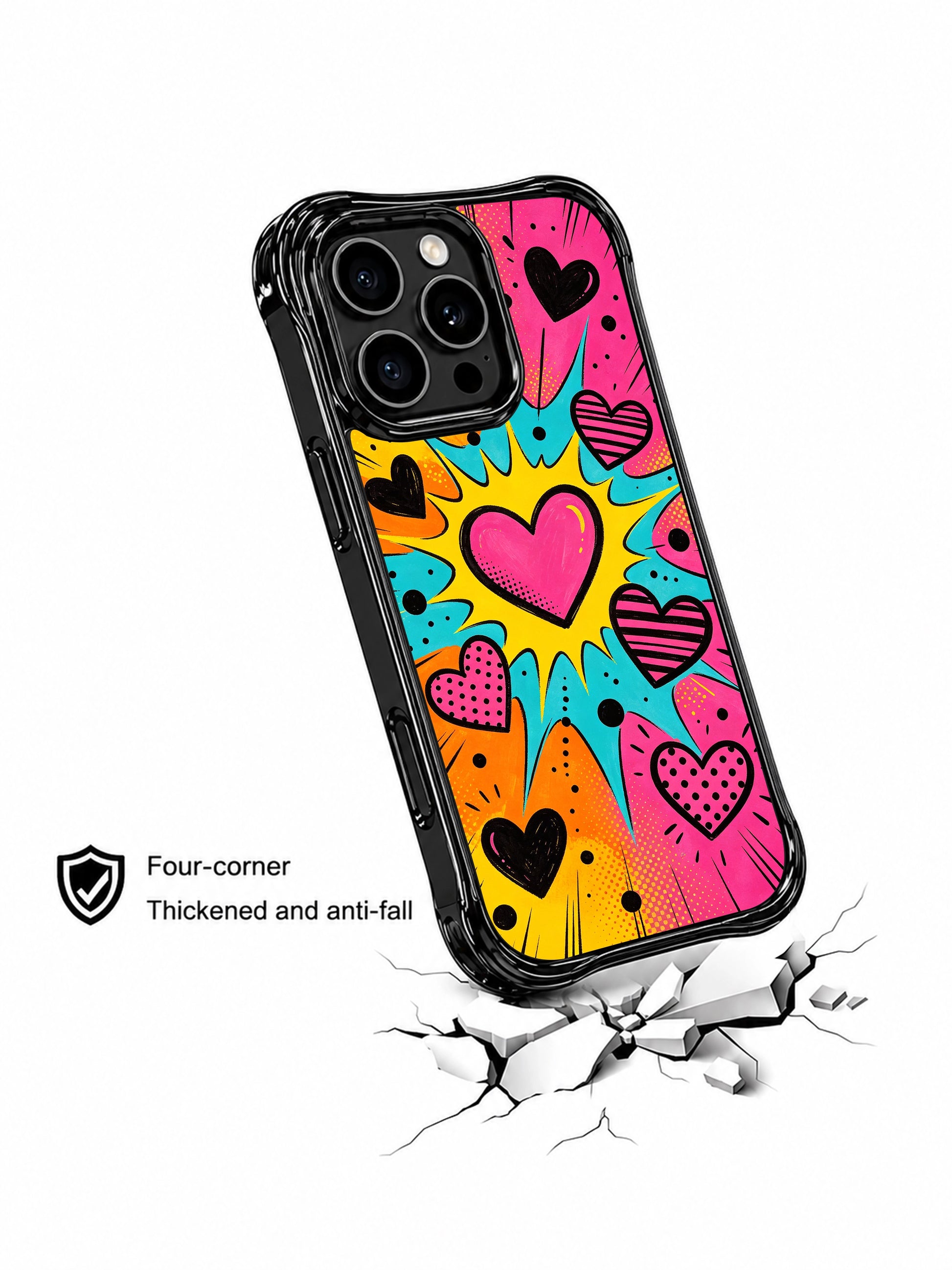 PhoneCasing iPhone 13 Pro Max casing showcasing hand drawn radial burst line details around every heart, alternating striped and dotted heart fills, retro comic book aesthetic, everyday casual wear phone case.
