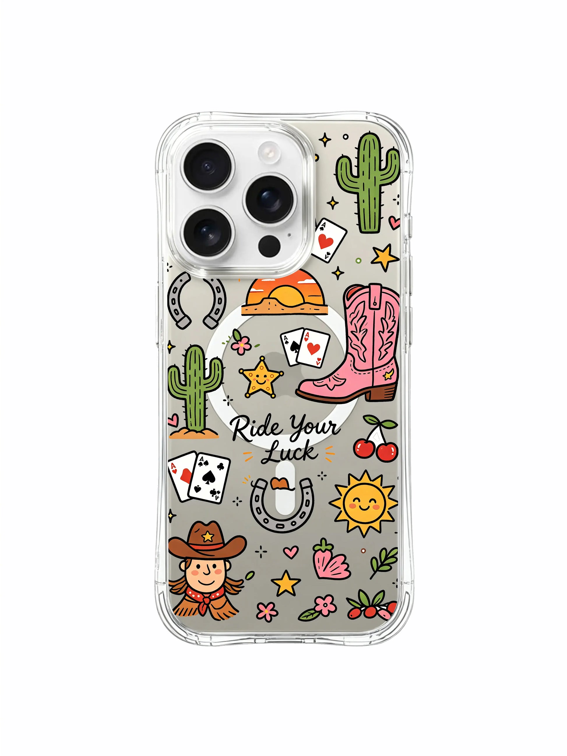PhoneCasing iPhone 16 pro max MagSafe compatible case with original hand-drawn cowgirl good luck art.