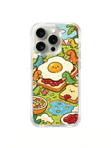 Dinosaur brunch party artwork on an iPhone 16 Pro case
