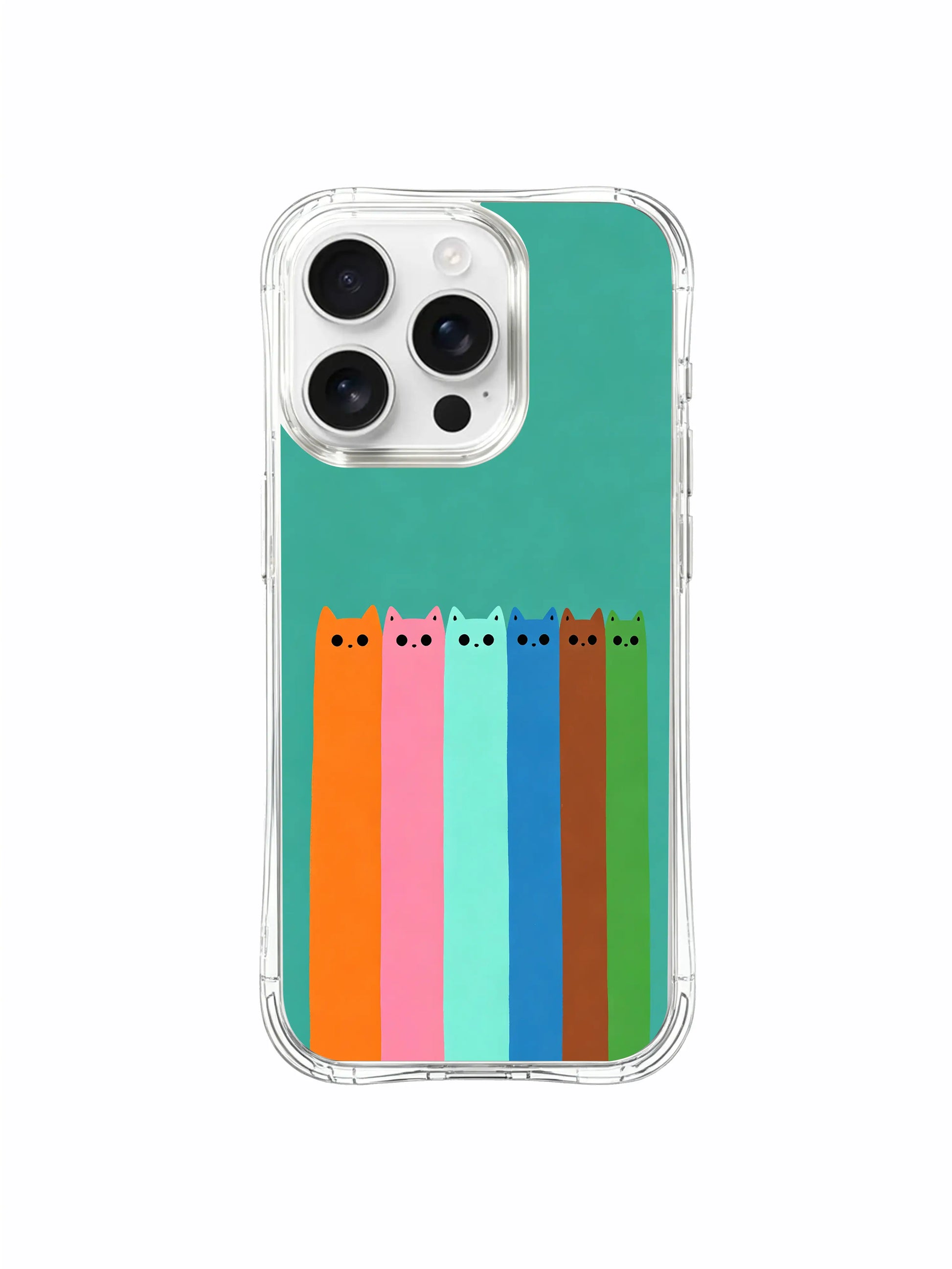 PhoneCasing iPhone 16 Pro Max featuring hand-drawn elevator kitties art, simple yet playful colorful cats on a soft teal background.
