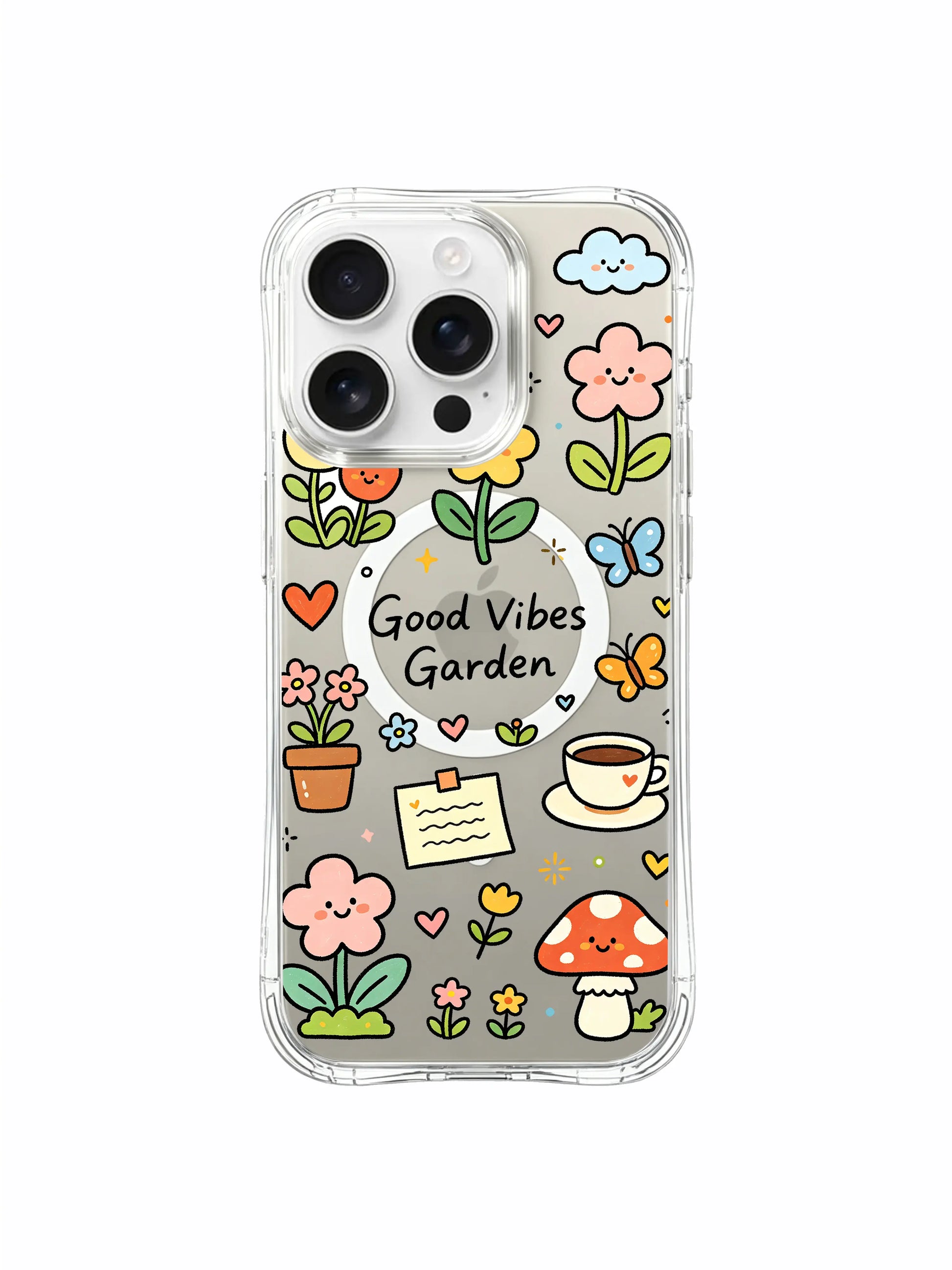 PhoneCasing iPhone 16 pro max MagSafe compatible case with original hand-drawn good vibes garden art.