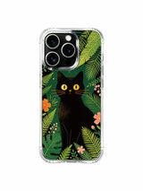 Hand-sketched fine art PhoneCasing iPhone 13 pro Case, premium clear phone casing printed with original Noah Wildfern wildcat hiding inside a secluded tropical flower garden, collectible art phone cover.
