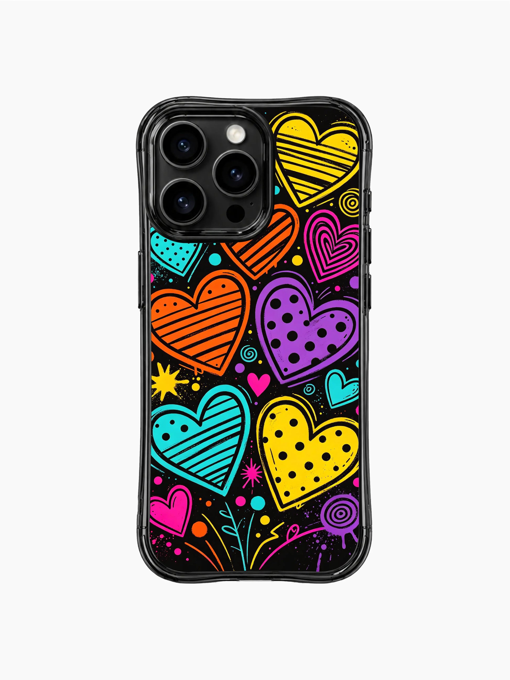 PhoneCasing iPhone 13 Pro Max casing with hand-drawn pop art heart march parade motif, spray splatter textured romantic phone cover.