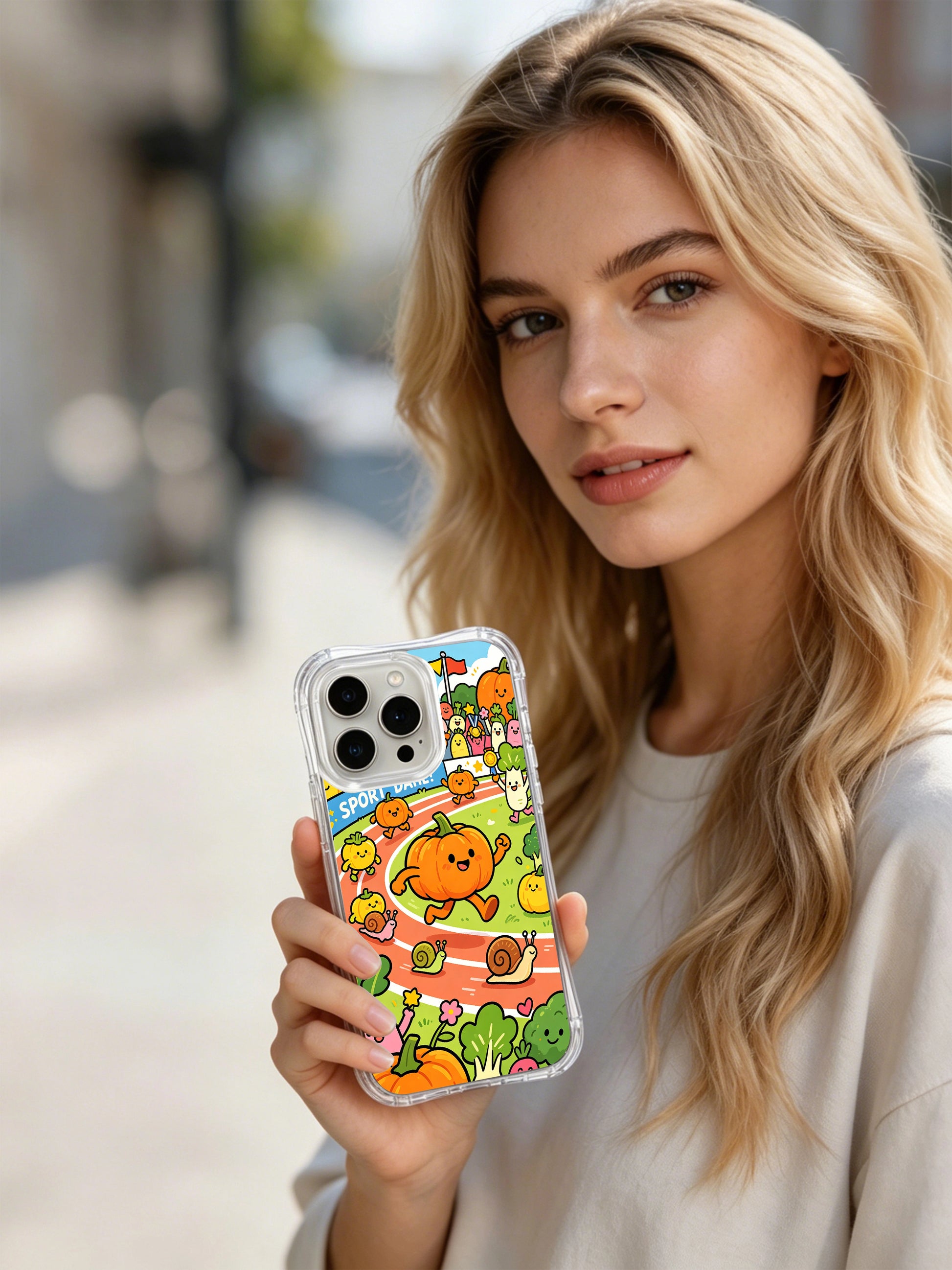 PhoneCasing iPhone 16 pro Case with hand-drawn Pumpkin Olympics art, premium artist-designed case made in California for iPhone 16 pro.