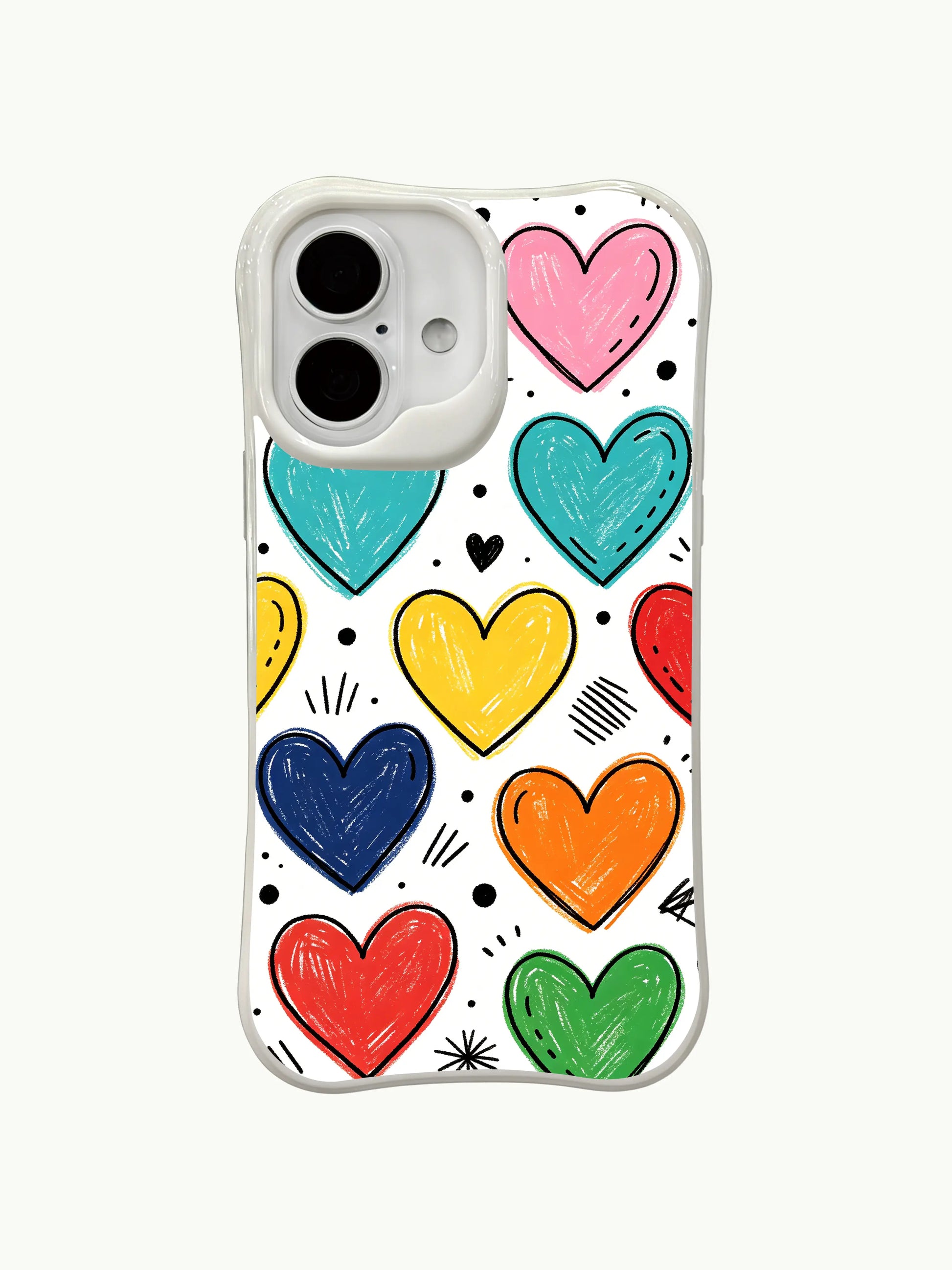 PhoneCasing Hand-Drawn Rainbow Hearts Case for iPhone 16 Plus, a playful iPhone 16 plus casing with textured doodle hearts and sketch accents.