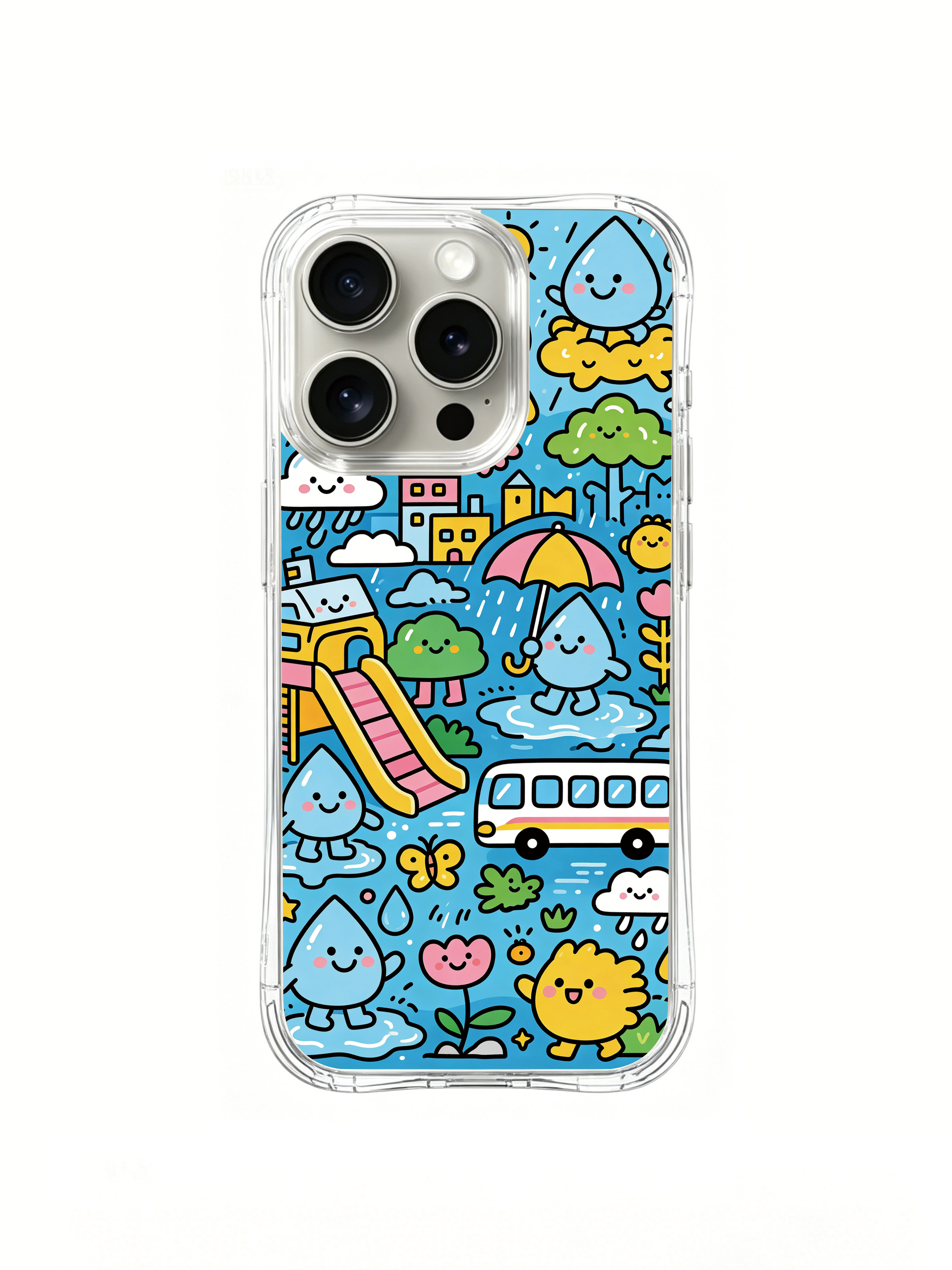 PhoneCasing iPhone 16 Pro Case with hand-drawn raindrop city art, premium artist-designed case made in California for iPhone 16 Pro.